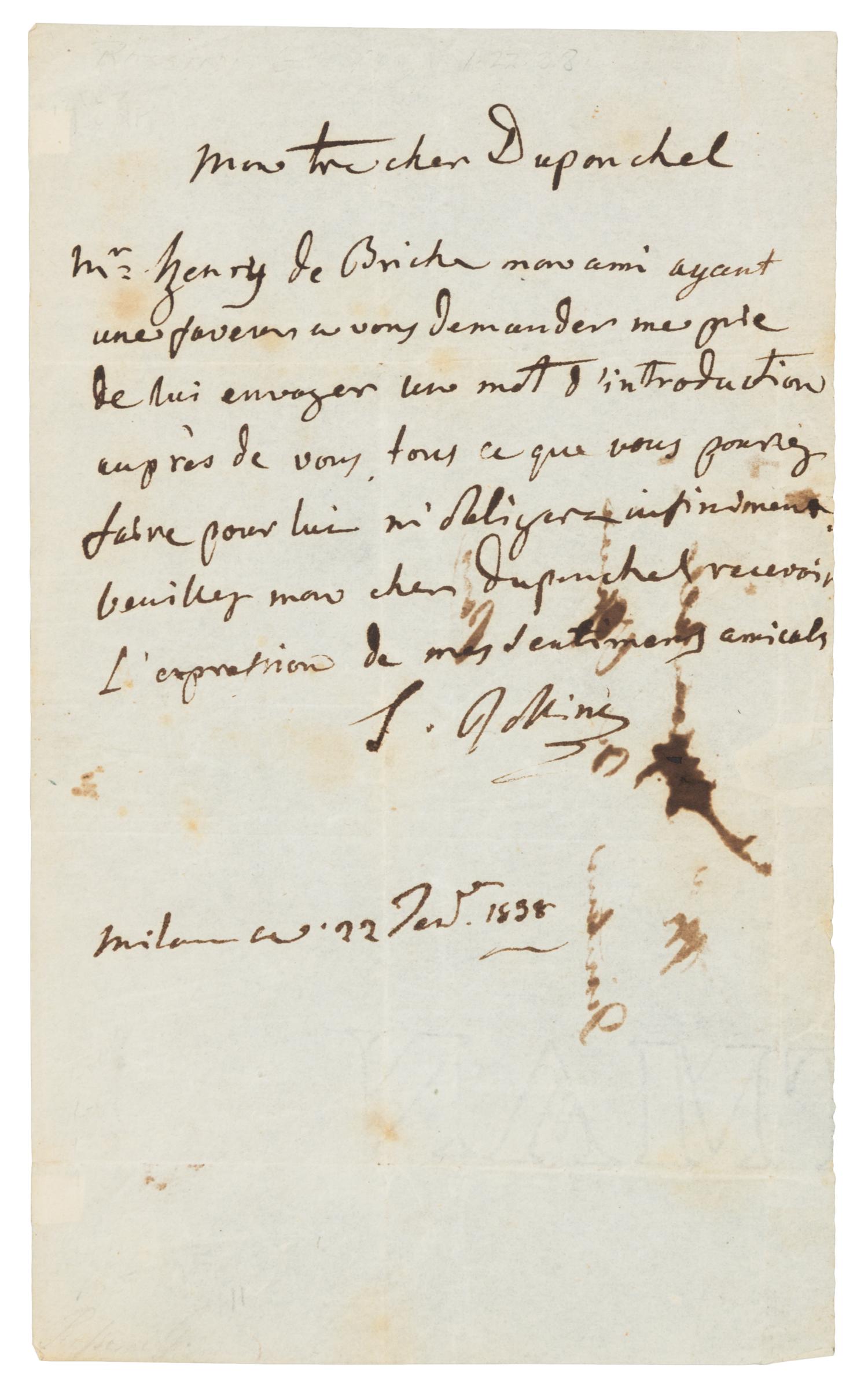 ROSSINI, Gioacchino. Autographed letter signed ("G. Rossini"), to Duponchel, Director of the Paris Opera, Milan, 22 January 1838.