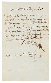 ROSSINI, Gioacchino. Autographed letter signed ("G. Rossini"), to Duponchel, Director of the Paris Opera, Milan, 22 January 1838.