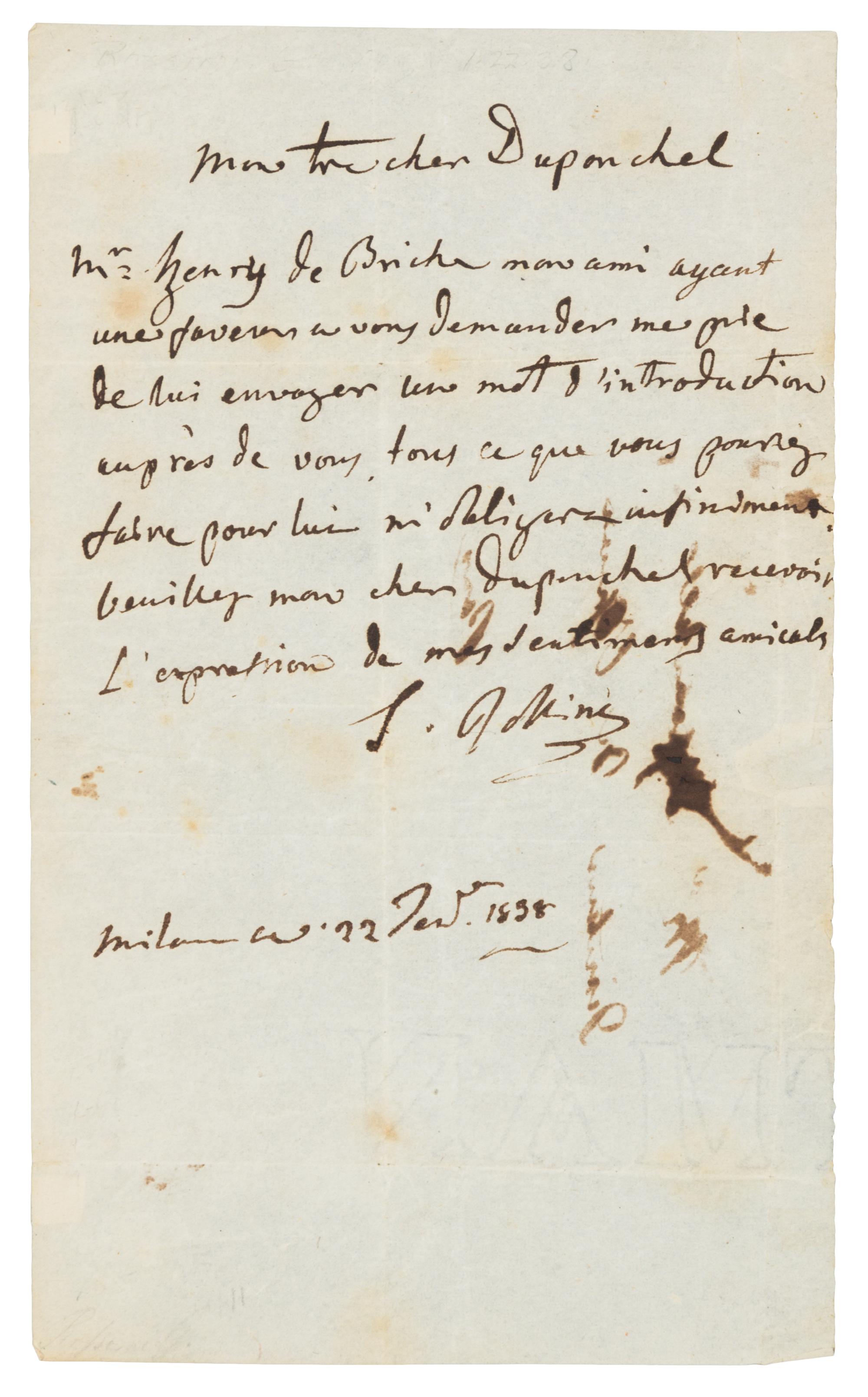 ROSSINI, Gioacchino. Autographed letter signed ("G. Rossini"), to Duponchel, Director of the Paris Opera, Milan, 22 January 1838.