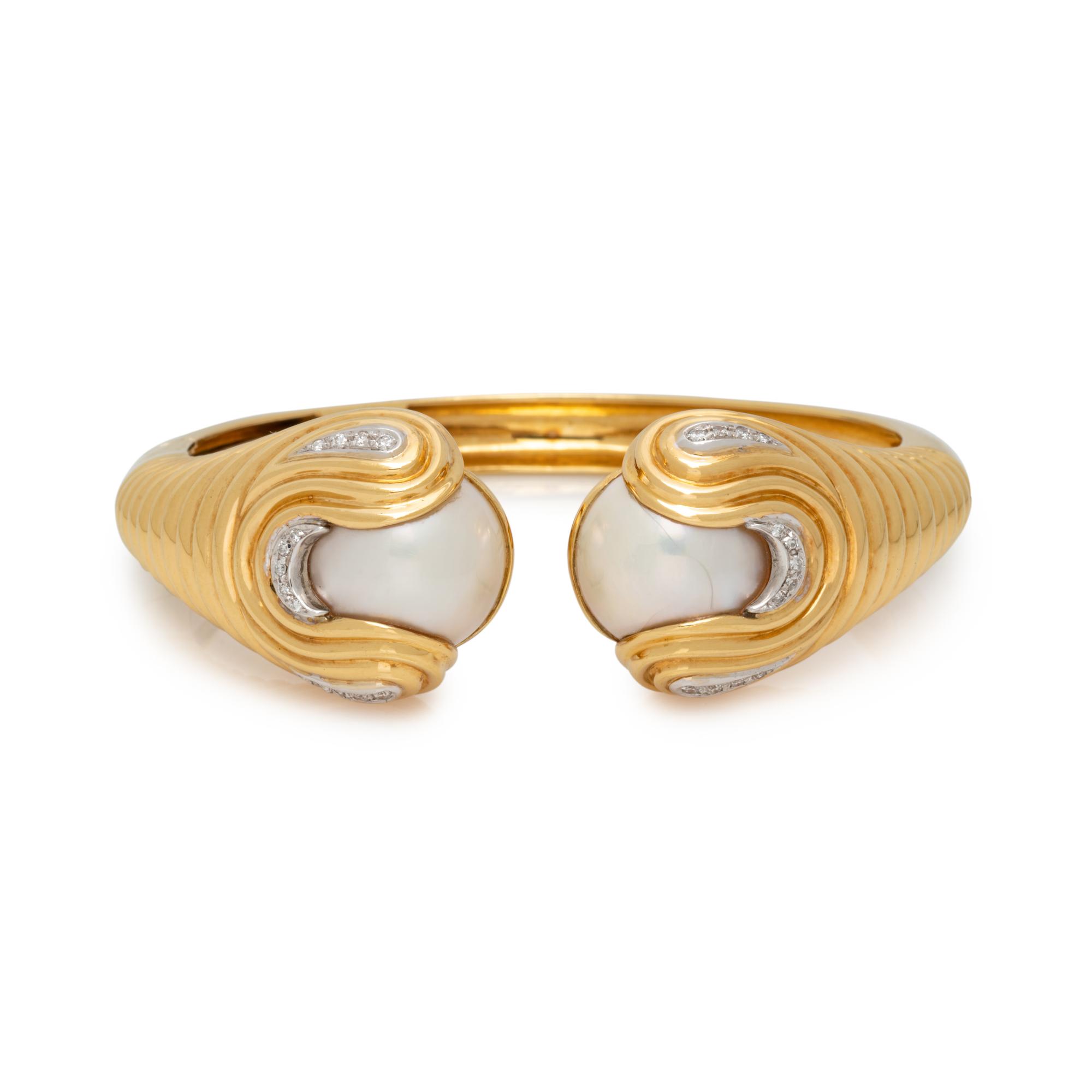 YELLOW GOLD, CULTURED MABE PEARL AND DIAMOND CUFF BRACELET