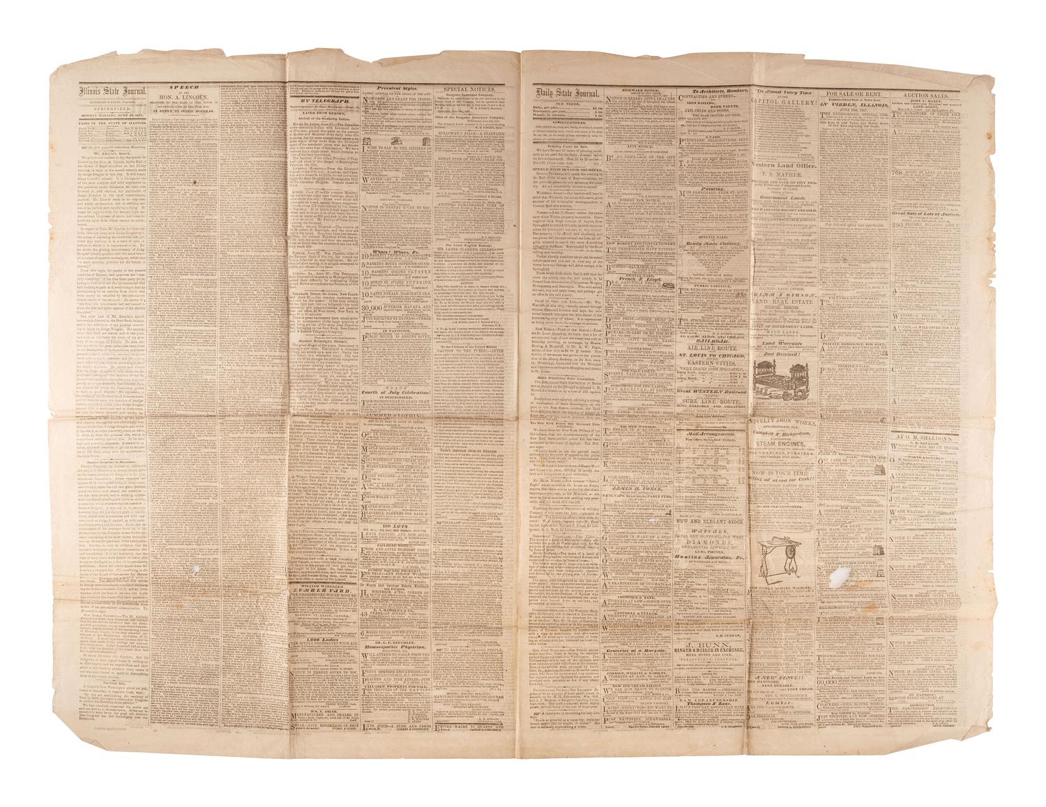 [LINCOLN, Abraham (1809-1865)]. A group of 2 Illinois newspapers with references to Lincoln, comprising:
