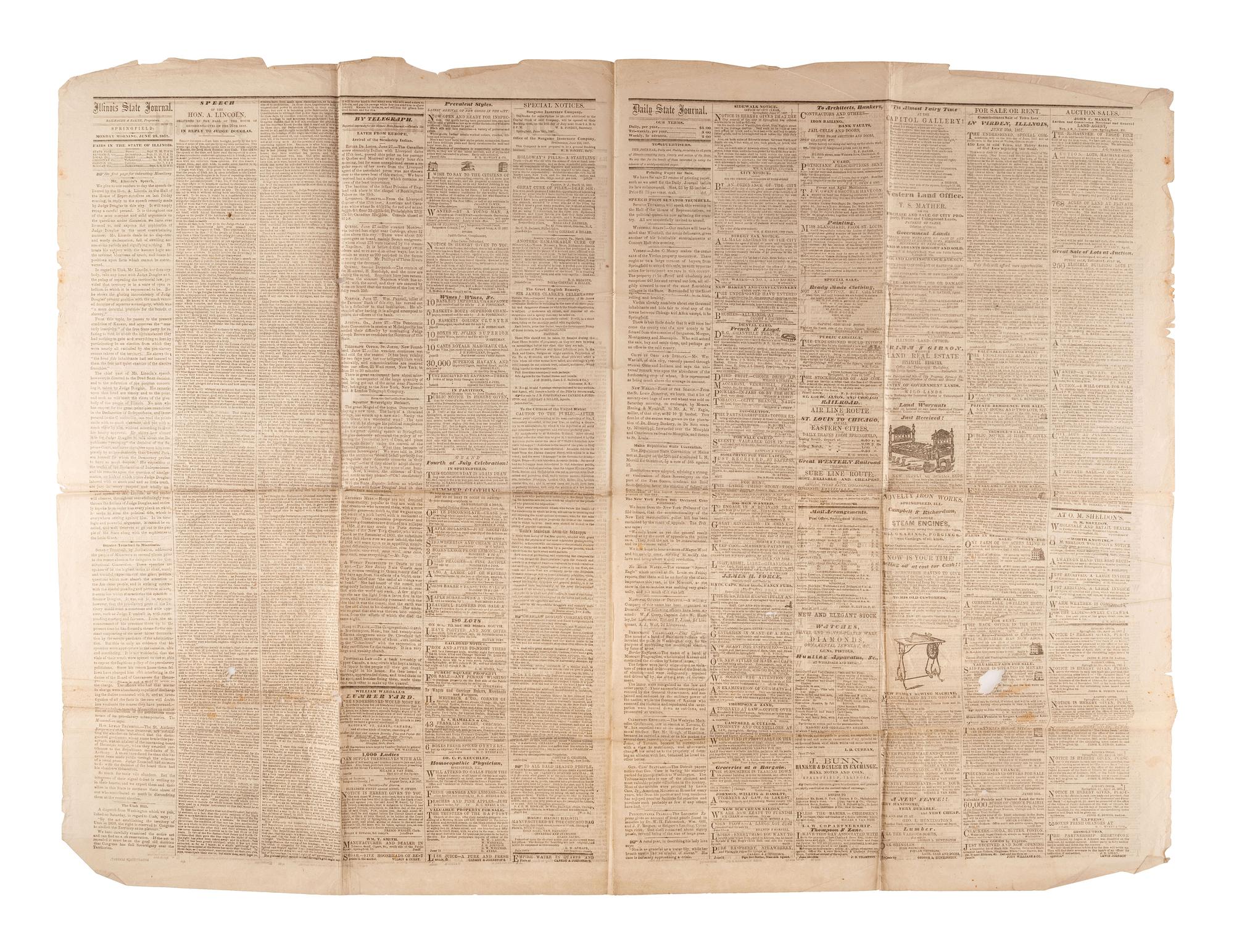 [LINCOLN, Abraham (1809-1865)]. A group of 2 Illinois newspapers with references to Lincoln, comprising:
