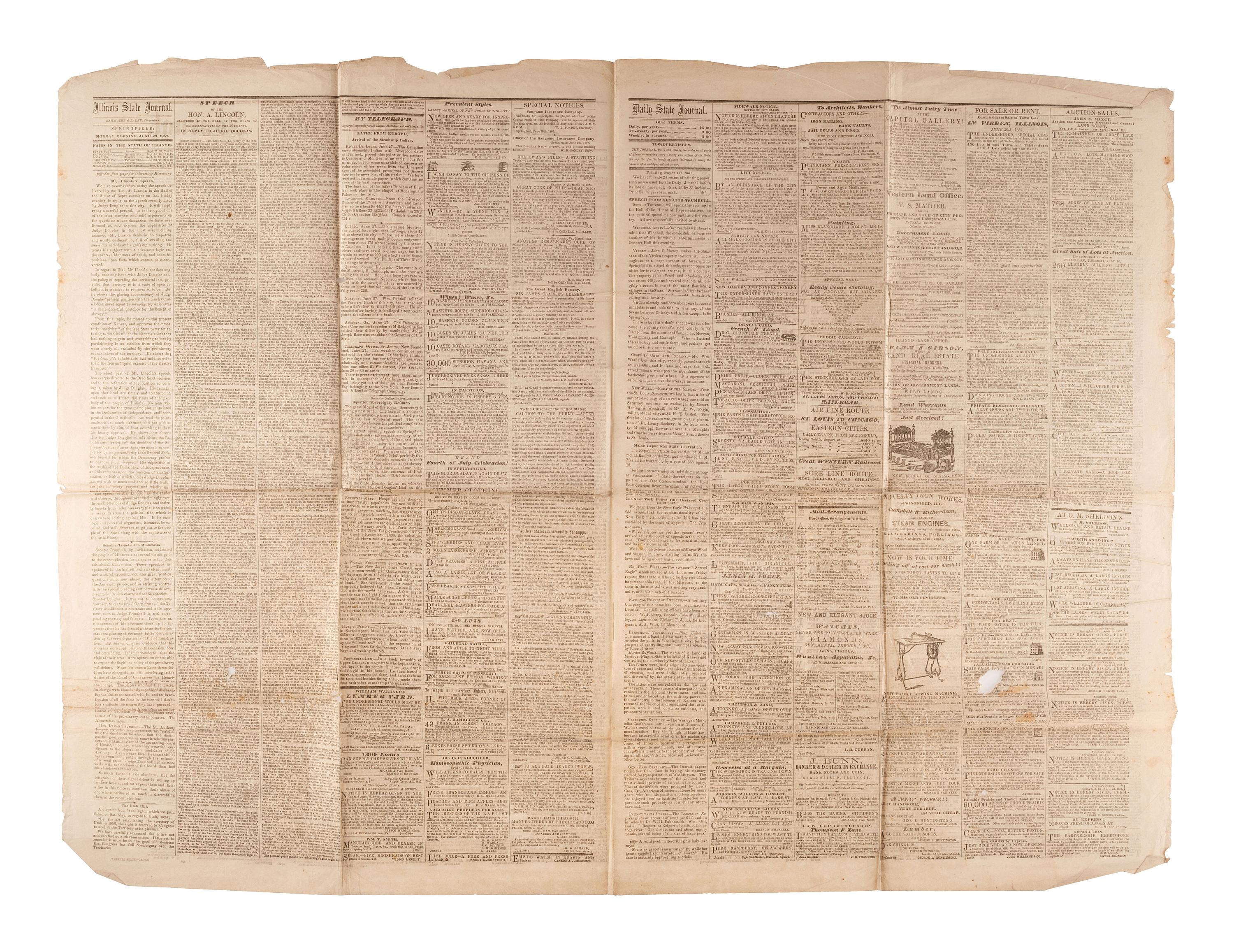 [LINCOLN, Abraham (1809-1865)]. A group of 2 Illinois newspapers with references to Lincoln, comprising: