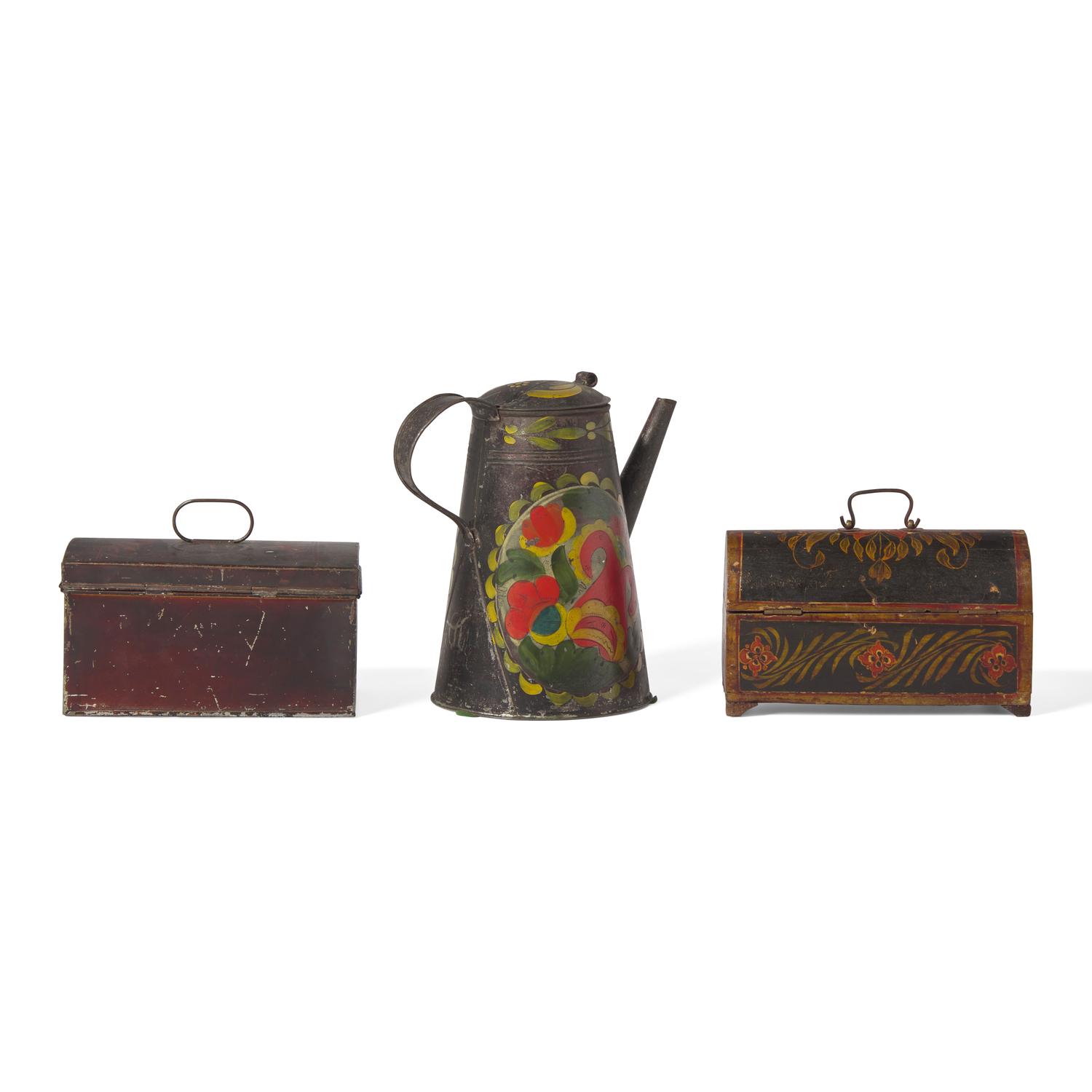 A Painted Tin Asphaltum Coffeepot And Covered Box