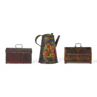 A Painted Tin Asphaltum Coffeepot And Covered Box