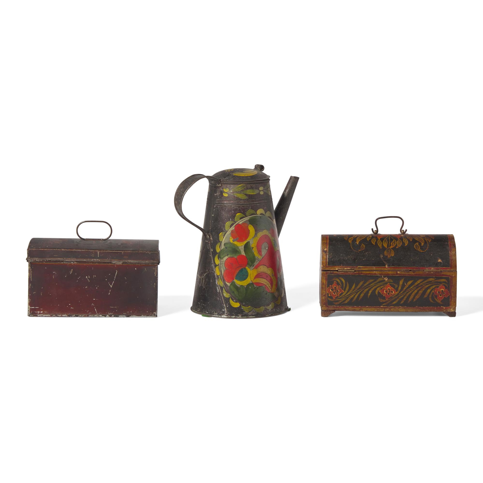 A Painted Tin Asphaltum Coffeepot And Covered Box