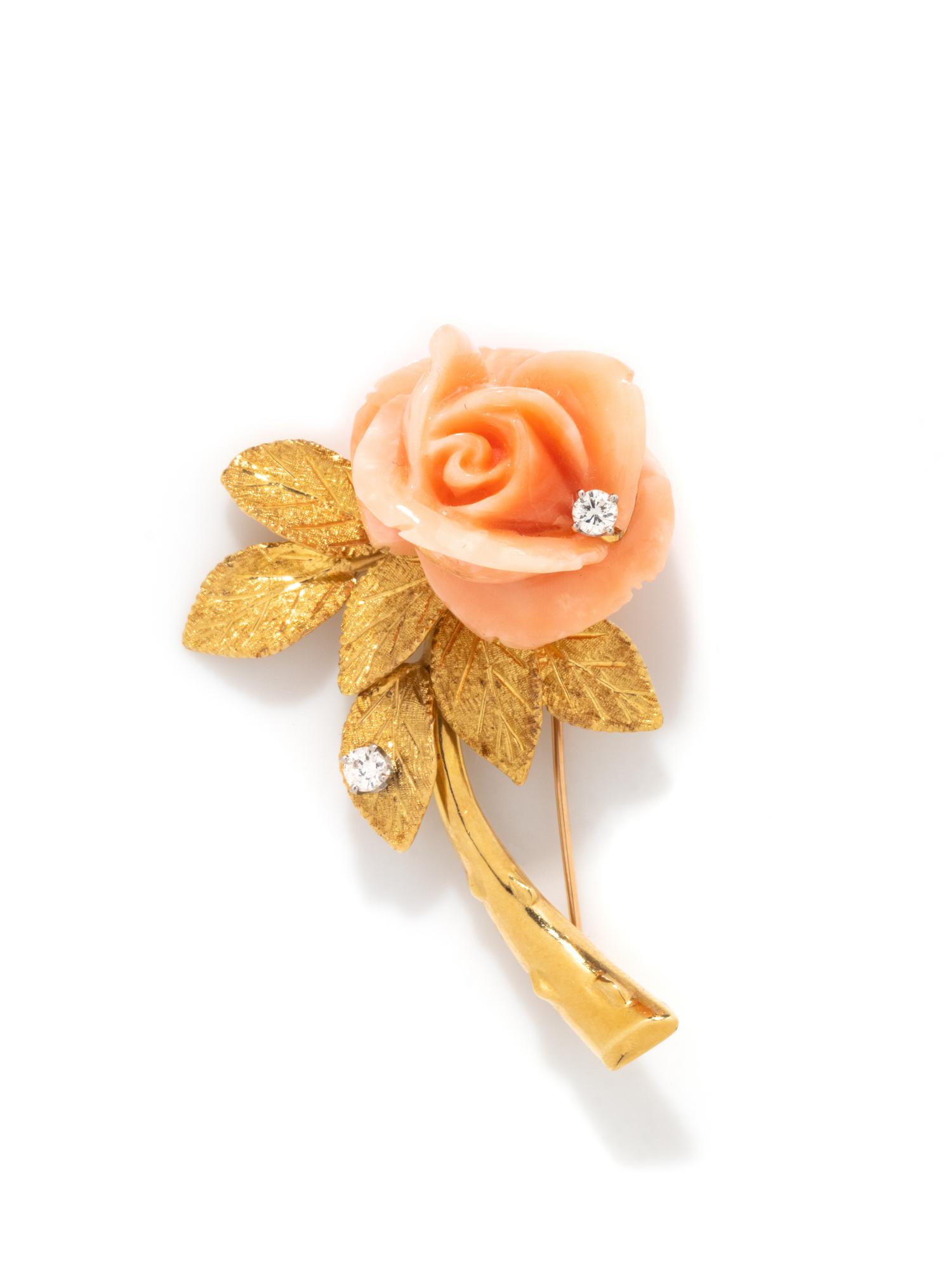 CELLINO, CORAL, DIAMOND, AND YELLOW GOLD ROSE BROOCH