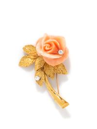 CELLINO, CORAL, DIAMOND, AND YELLOW GOLD ROSE BROOCH