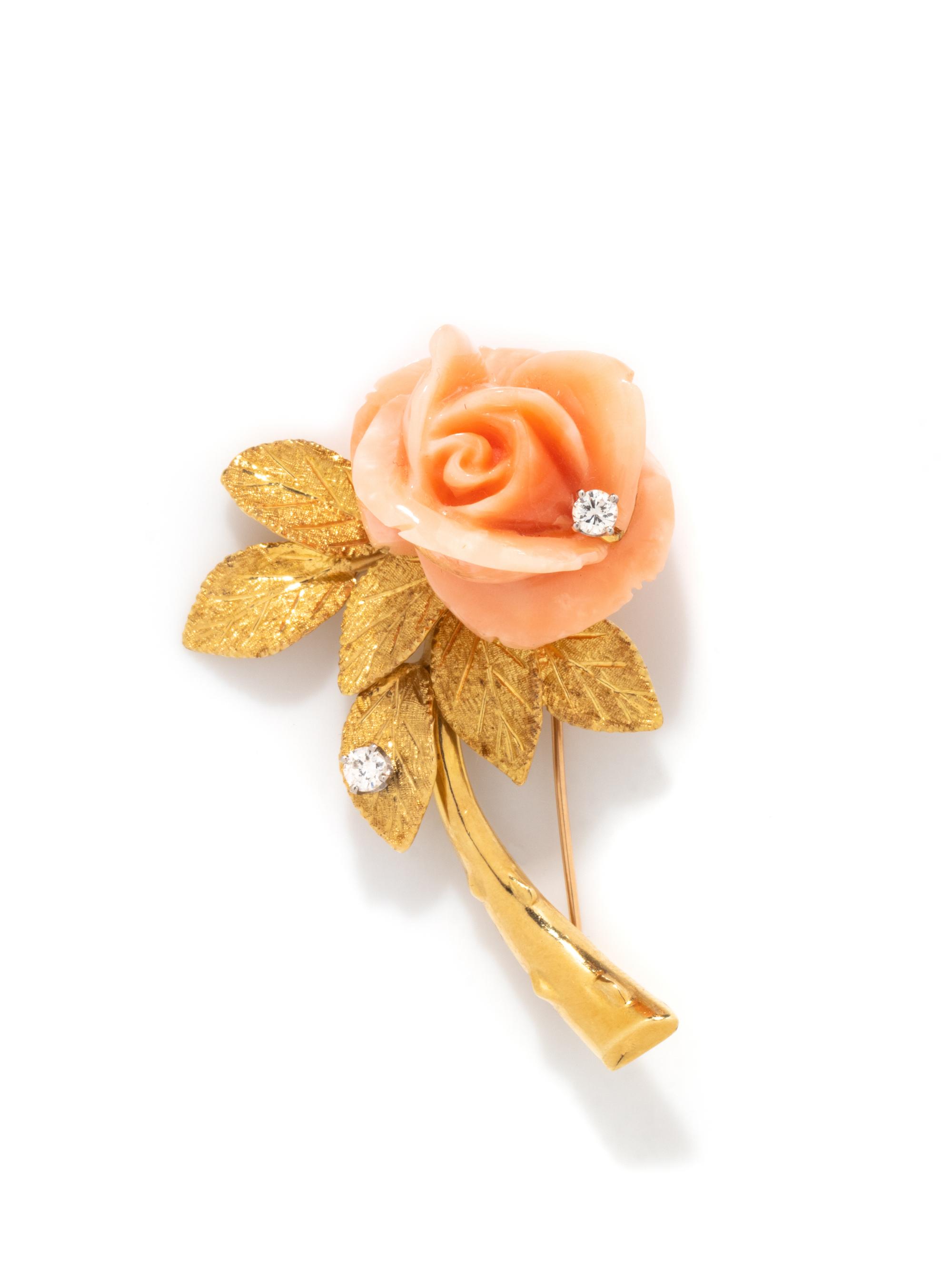 CELLINO, CORAL, DIAMOND, AND YELLOW GOLD ROSE BROOCH