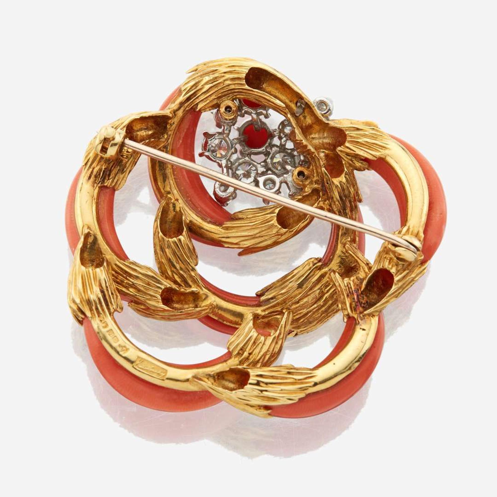 A gold, coral, and diamond brooch, Kutchinsky