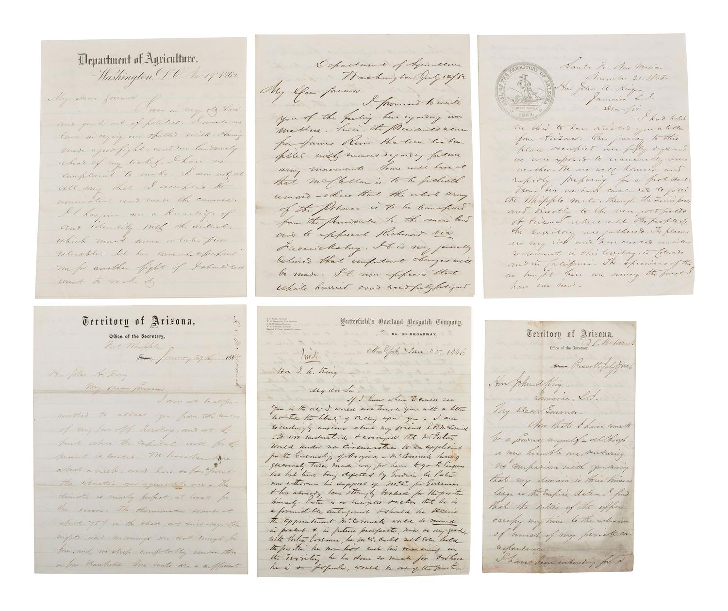 [CIVIL WAR] -- [ARIZONA TERRITORY]. KING, Governor John A. (1788-1867). Papers of New York Governor John A. King, including correspondence related to New York politics, Kansas, the Civil War, and the newly established Arizona Territory.