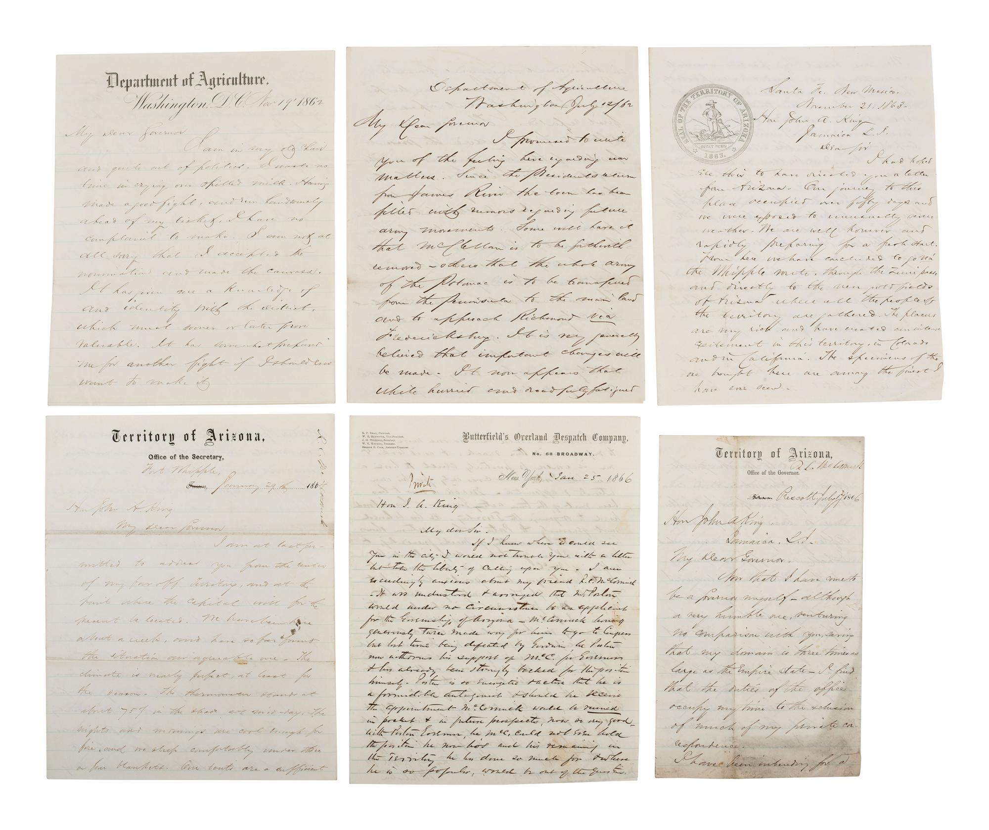 [CIVIL WAR] -- [ARIZONA TERRITORY]. KING, Governor John A. (1788-1867). Papers of New York Governor John A. King, including correspondence related to New York politics, Kansas, the Civil War, and the newly established Arizona Territory.