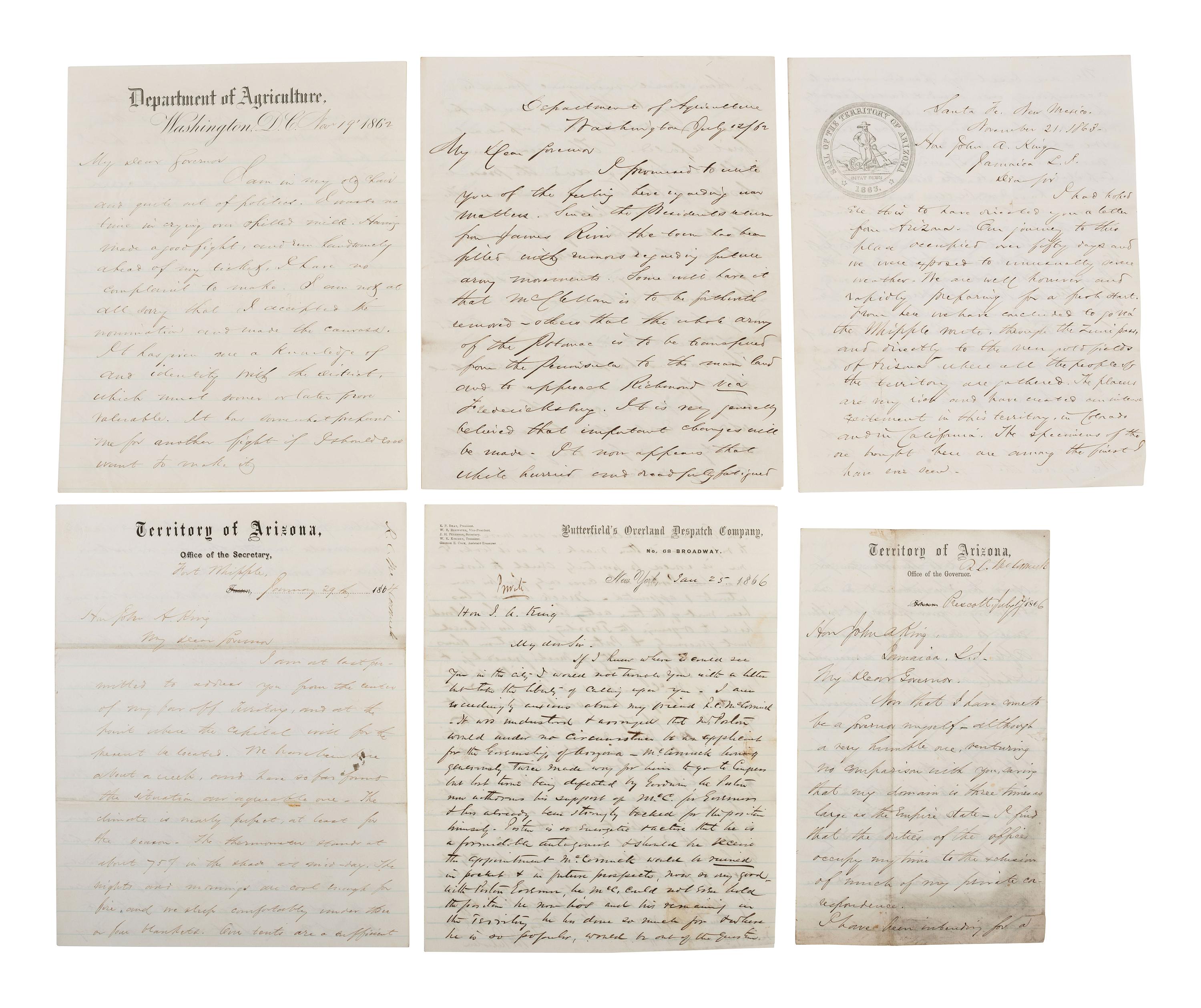 [CIVIL WAR] -- [ARIZONA TERRITORY]. KING, Governor John A. (1788-1867). Papers of New York Governor John A. King, including correspondence related to New York politics, Kansas, the Civil War, and the newly established Arizona Territory.