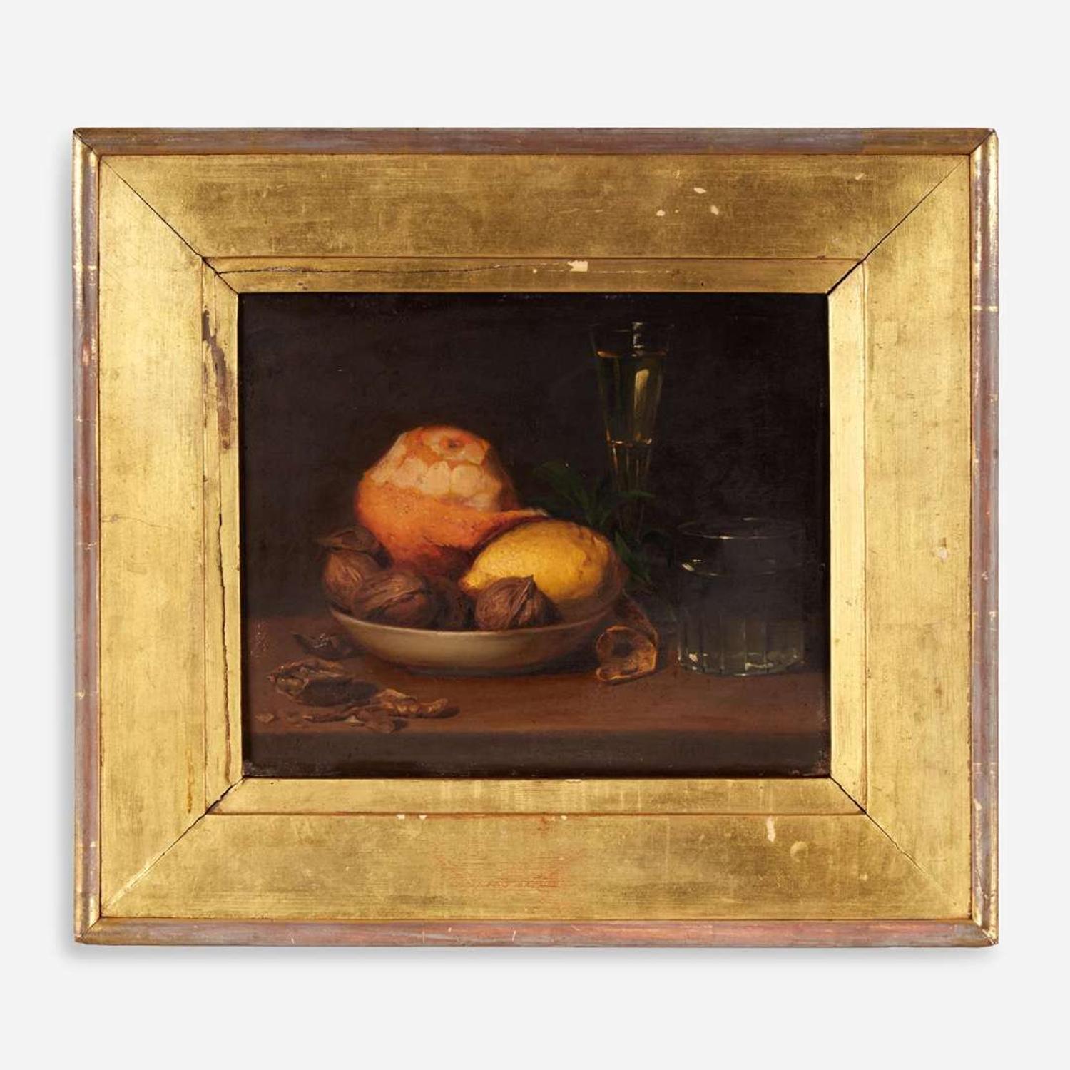 Joseph Biays Ord (American, 1805–1865) Still Life with Walnuts, Tangerine, Lemon, Wine Glass and Water Glass