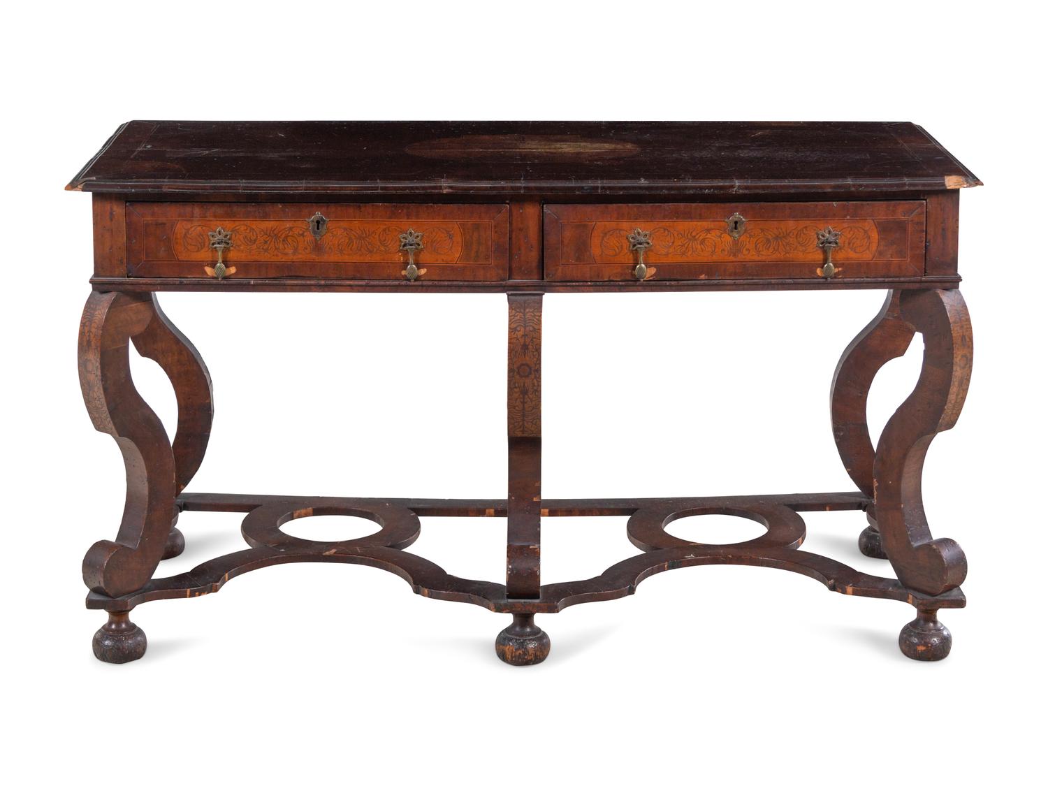 A William and Mary Style Walnut and Marquetry Library Table