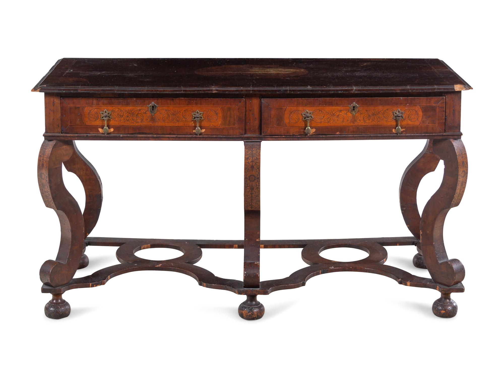 A William and Mary Style Walnut and Marquetry Library Table