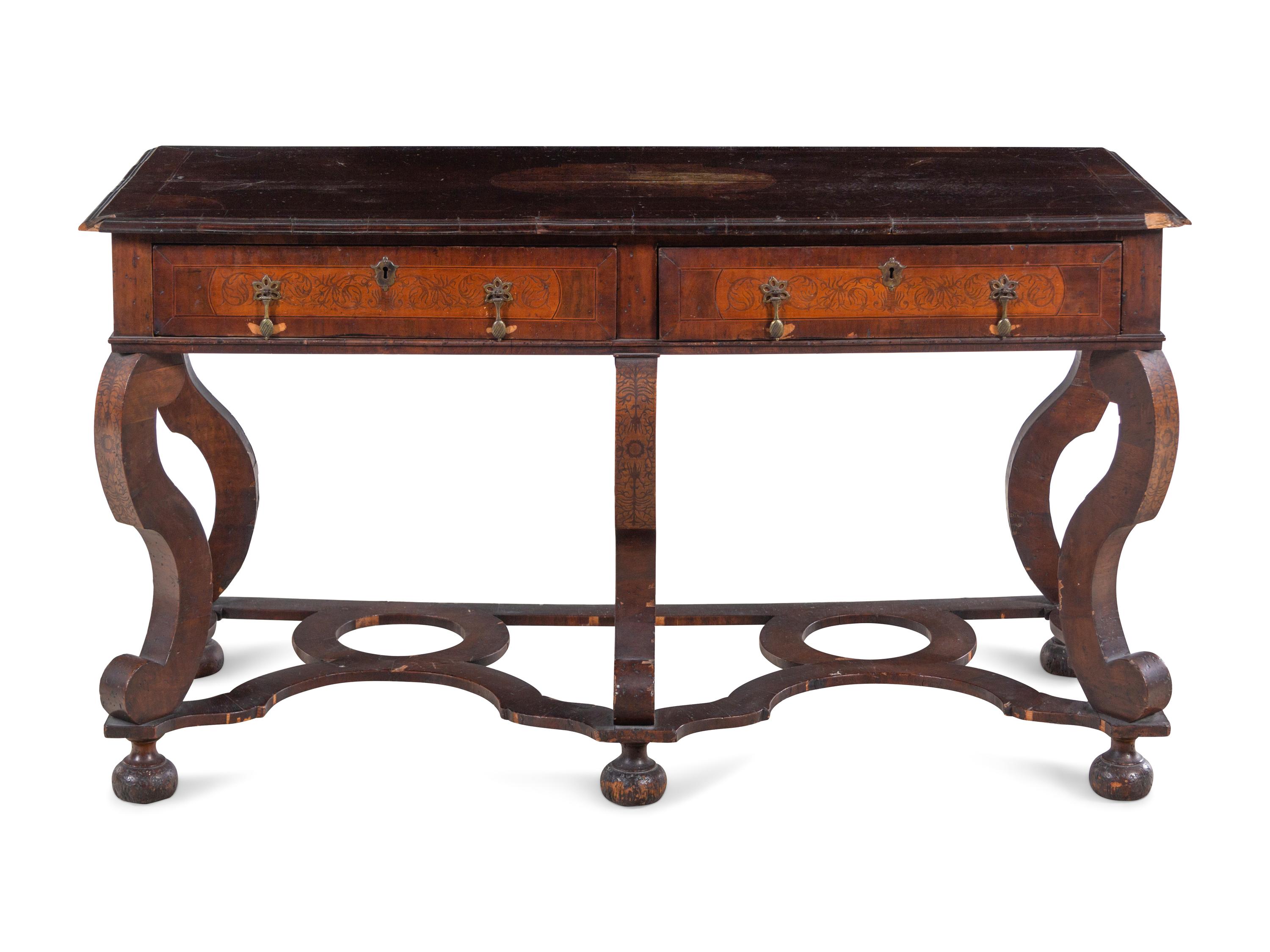 A William and Mary Style Walnut and Marquetry Library Table