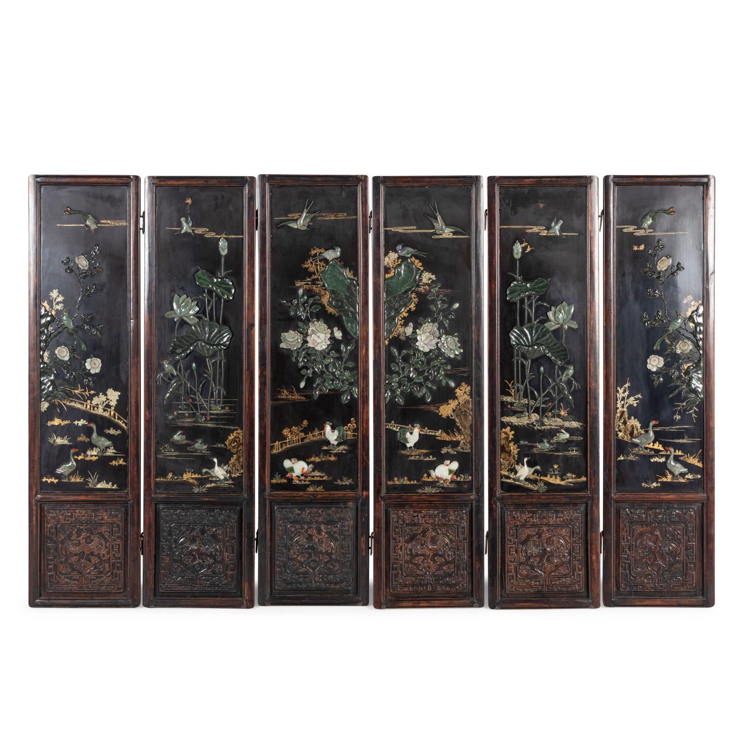 A Chinese Hardstone Mounted Six-Panel Floor Screen, 20th Century — 近代 黑漆地硬木嵌寳六扇屏