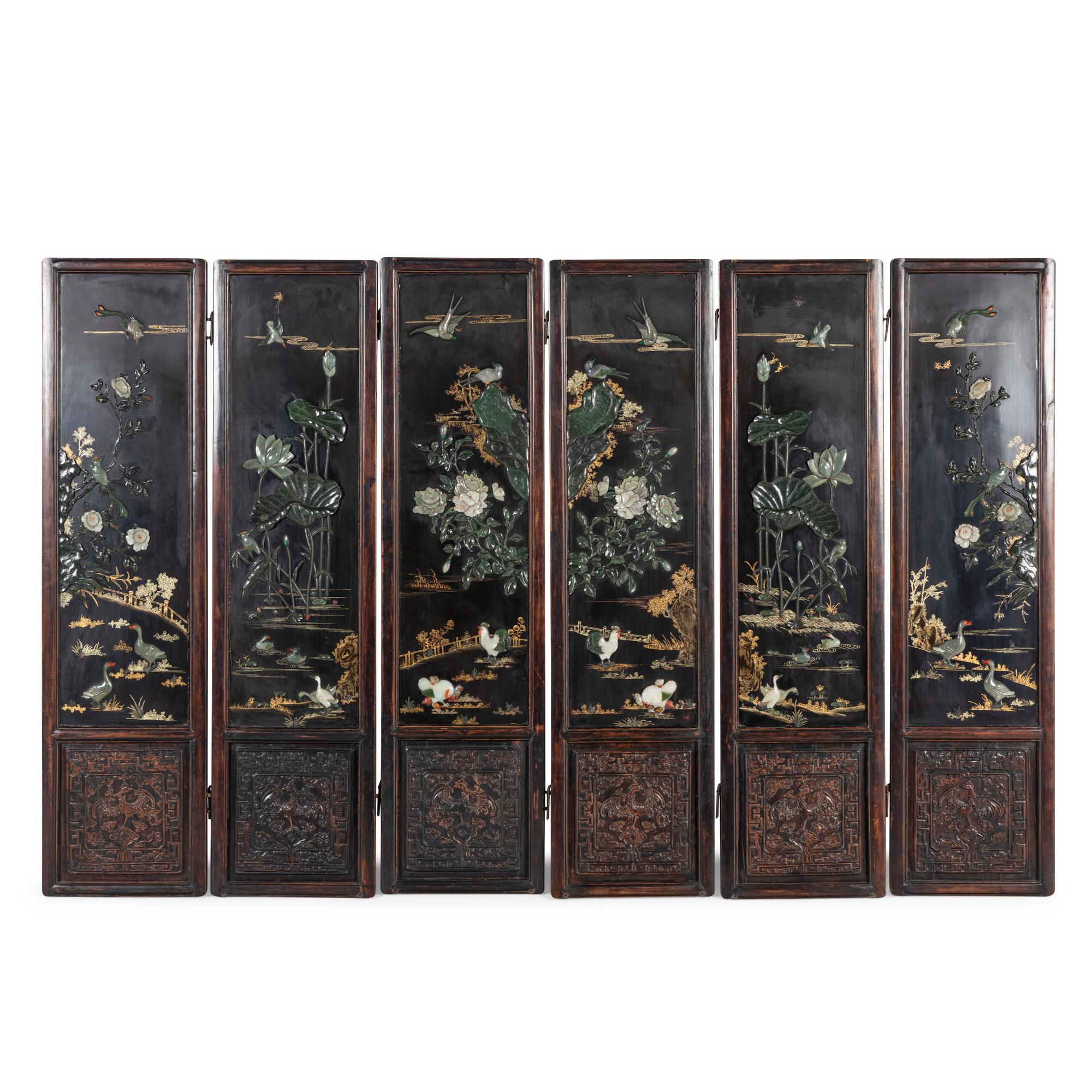 A Chinese Hardstone Mounted Six-Panel Floor Screen, 20th Century — 近代 黑漆地硬木嵌寳六扇屏
