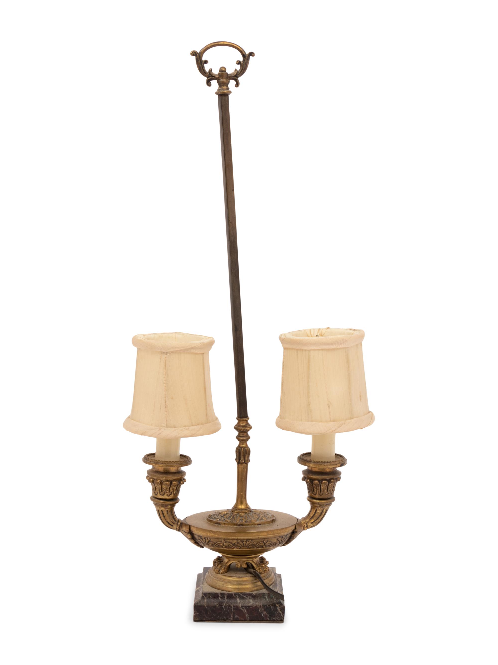 A Continental Gilt Bronze and Marble Two-Light Candelabrum Mounted as a Lamp