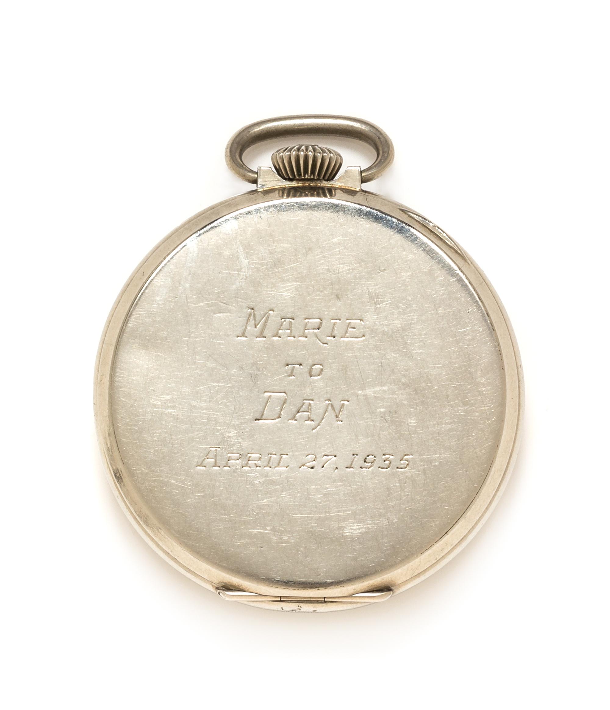 A White Gold Filled Open Face Pocket Watch, Hamilton, Circa 1930, 32.60 dwts.