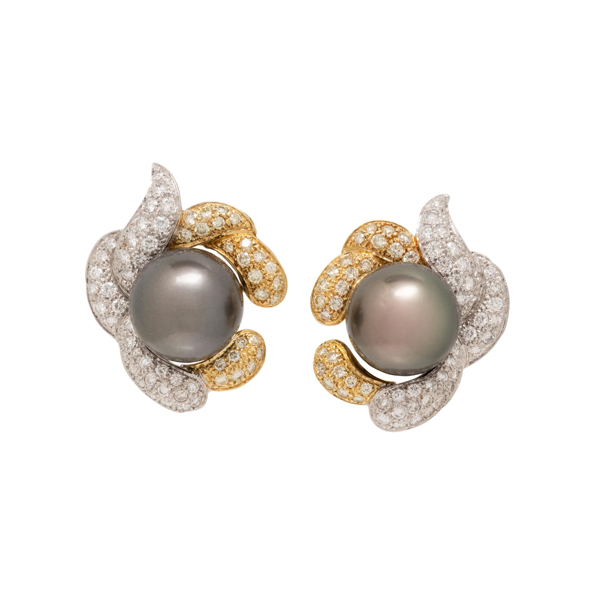 CULTURED TAHITIAN PEARL AND DIAMOND CLIP EARRINGS