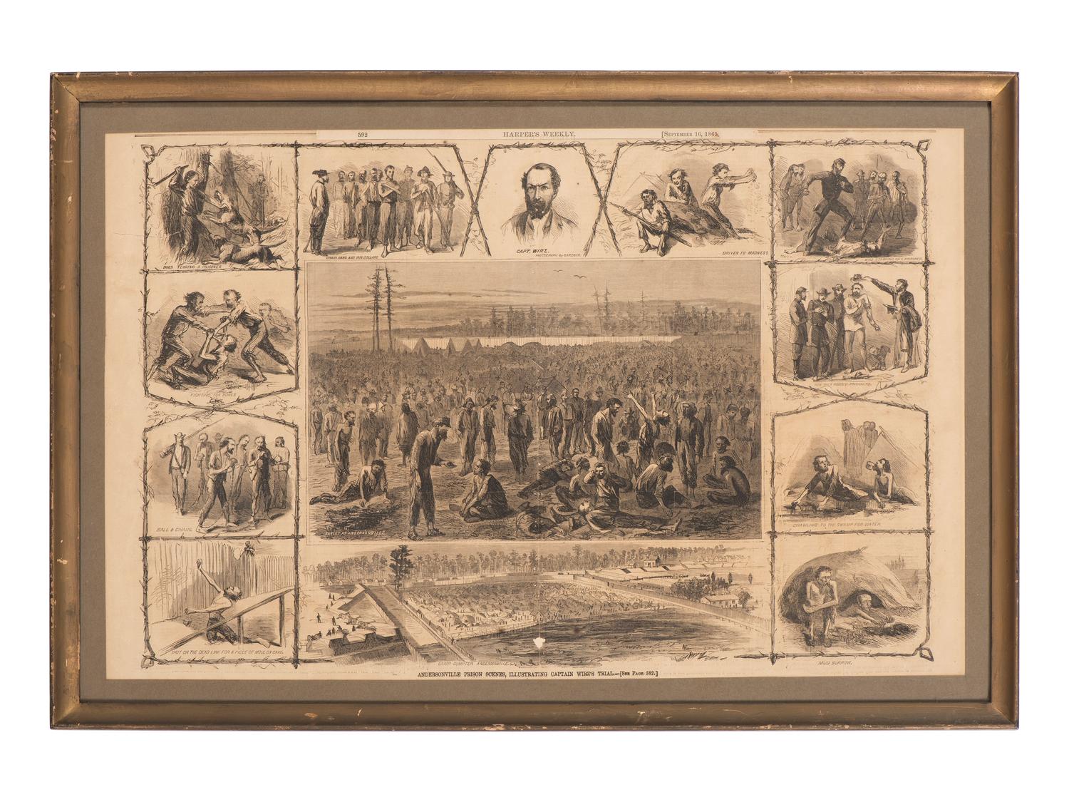 [CIVIL WAR]. 8 framed prints related to Libby Prison, Andersonville, and the trial of Henry Wirz.