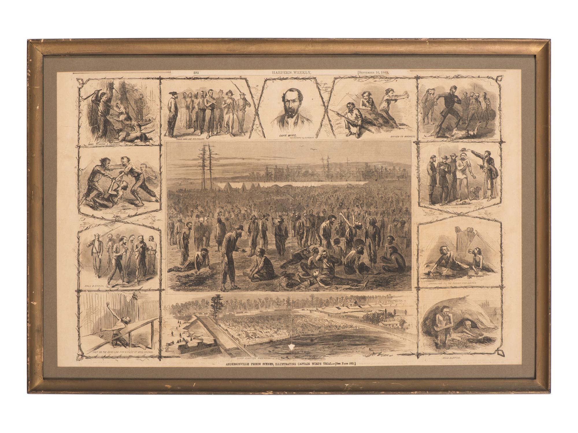 [CIVIL WAR]. 8 framed prints related to Libby Prison, Andersonville, and the trial of Henry Wirz.