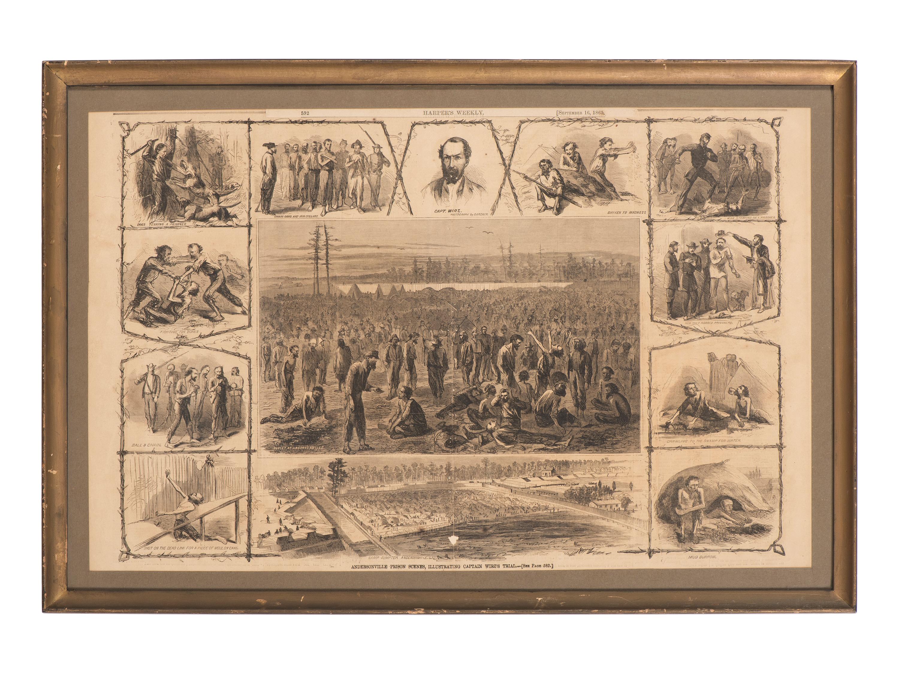 [CIVIL WAR]. 8 framed prints related to Libby Prison, Andersonville, and the trial of Henry Wirz.