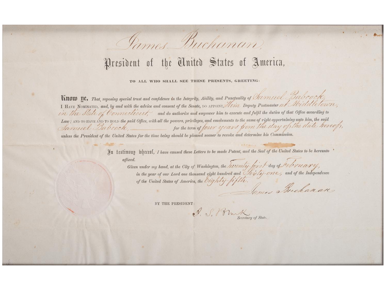 BUCHANAN, James (1791-1868). Partly printed document signed ("James Buchanan"), as President, countersigned by Jeremiah S. Black (1810-1883), Secretary of State. 21 February 1861.