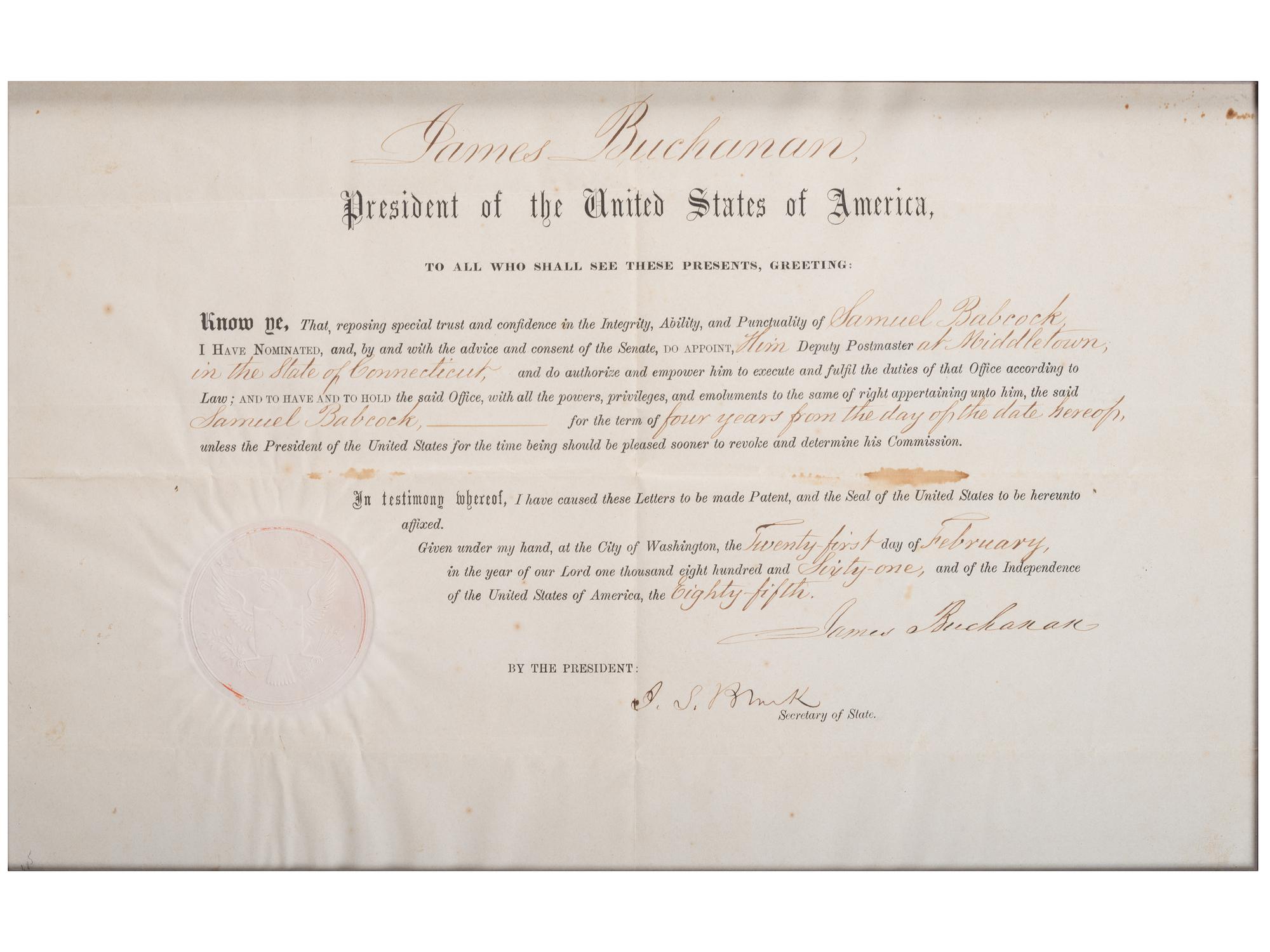 BUCHANAN, James (1791-1868). Partly printed document signed ("James Buchanan"), as President, countersigned by Jeremiah S. Black (1810-1883), Secretary of State. 21 February 1861.