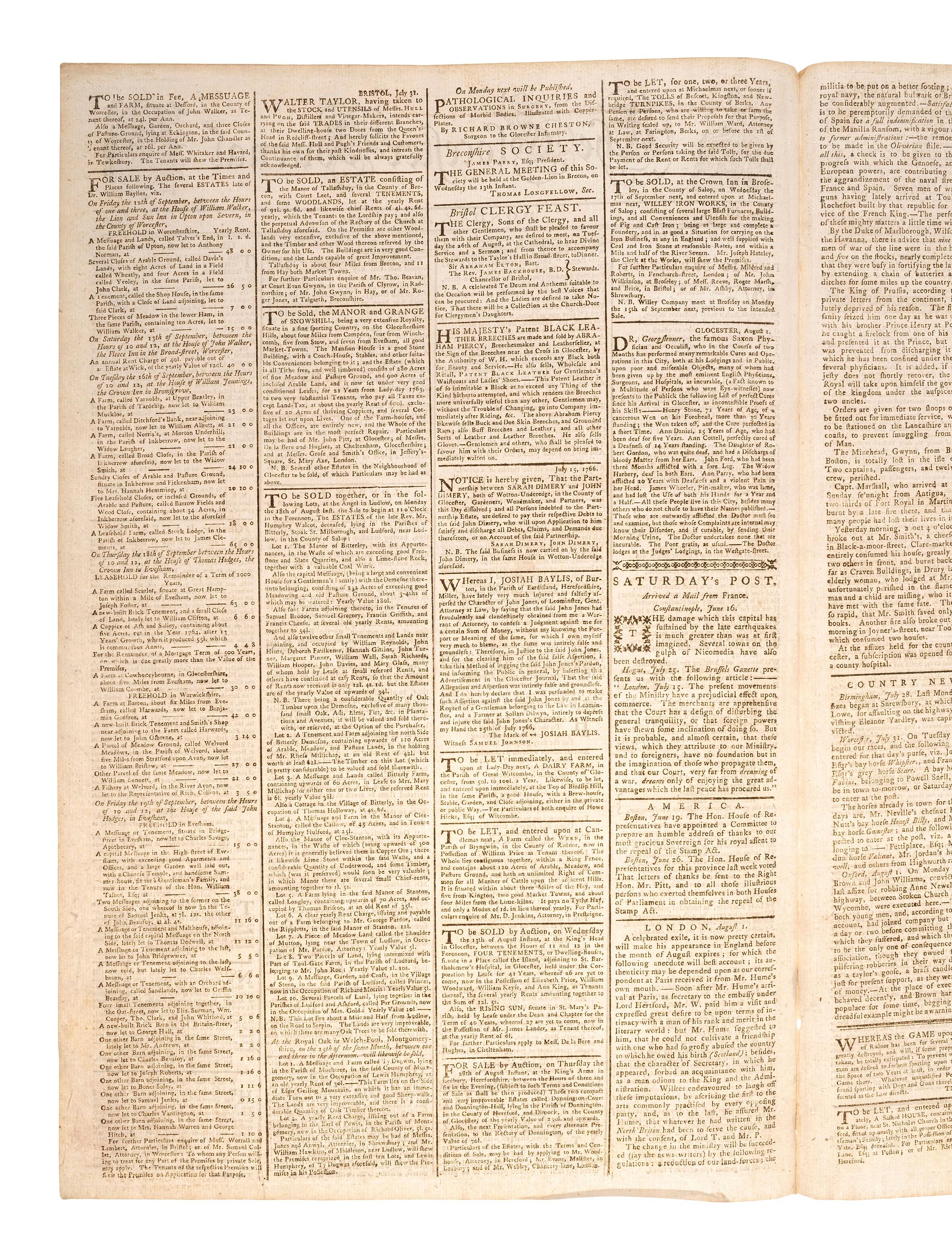 [PRE-REVOLUTIONARY WAR]. The Glocester Journal . Vol. XLV, No. 2306. Gloucester, England: R. Raikes, 4 August 1766.