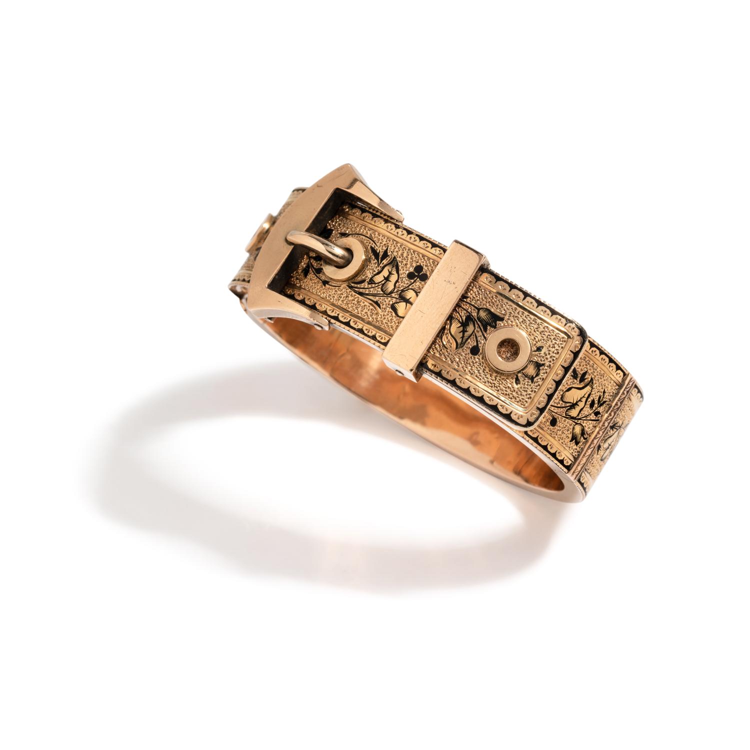 VICTORIAN, ENAMEL BUCKLE BANGLE BRACELET