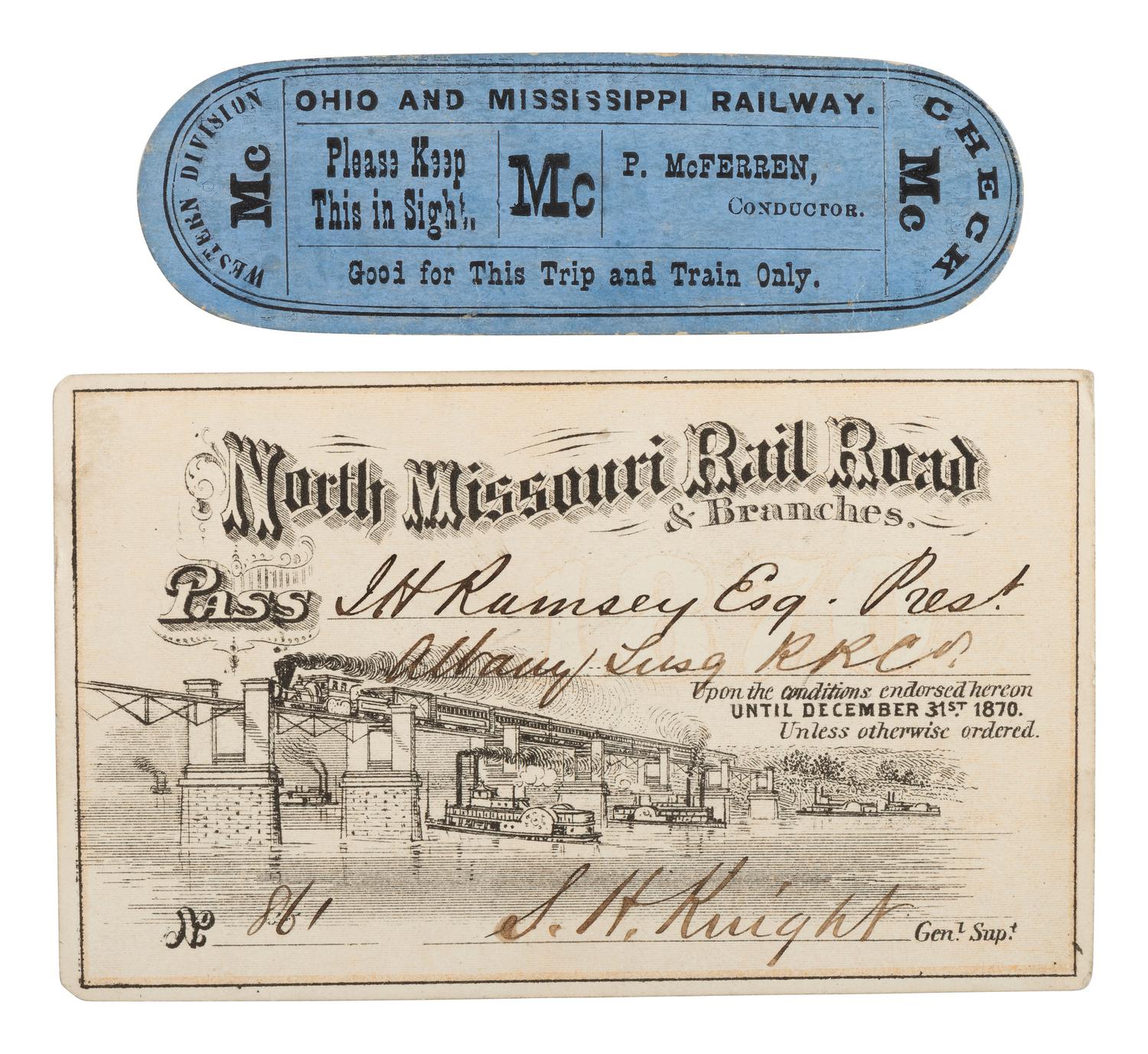 [RAILROAD]. 2 railroad passes for the North Missouri and Ohio & Mississippi Railroads.