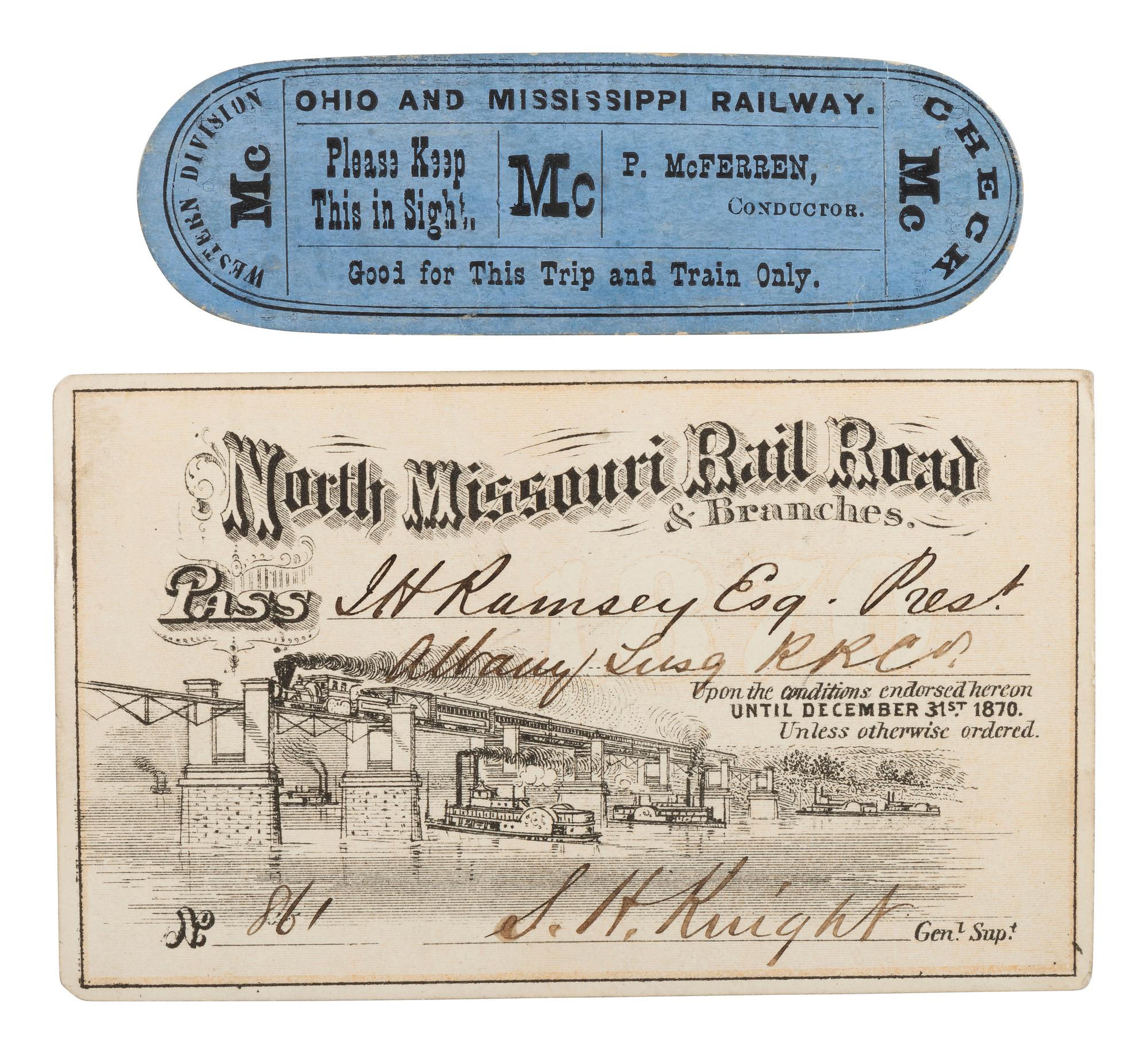 [RAILROAD]. 2 railroad passes for the North Missouri and Ohio & Mississippi Railroads.