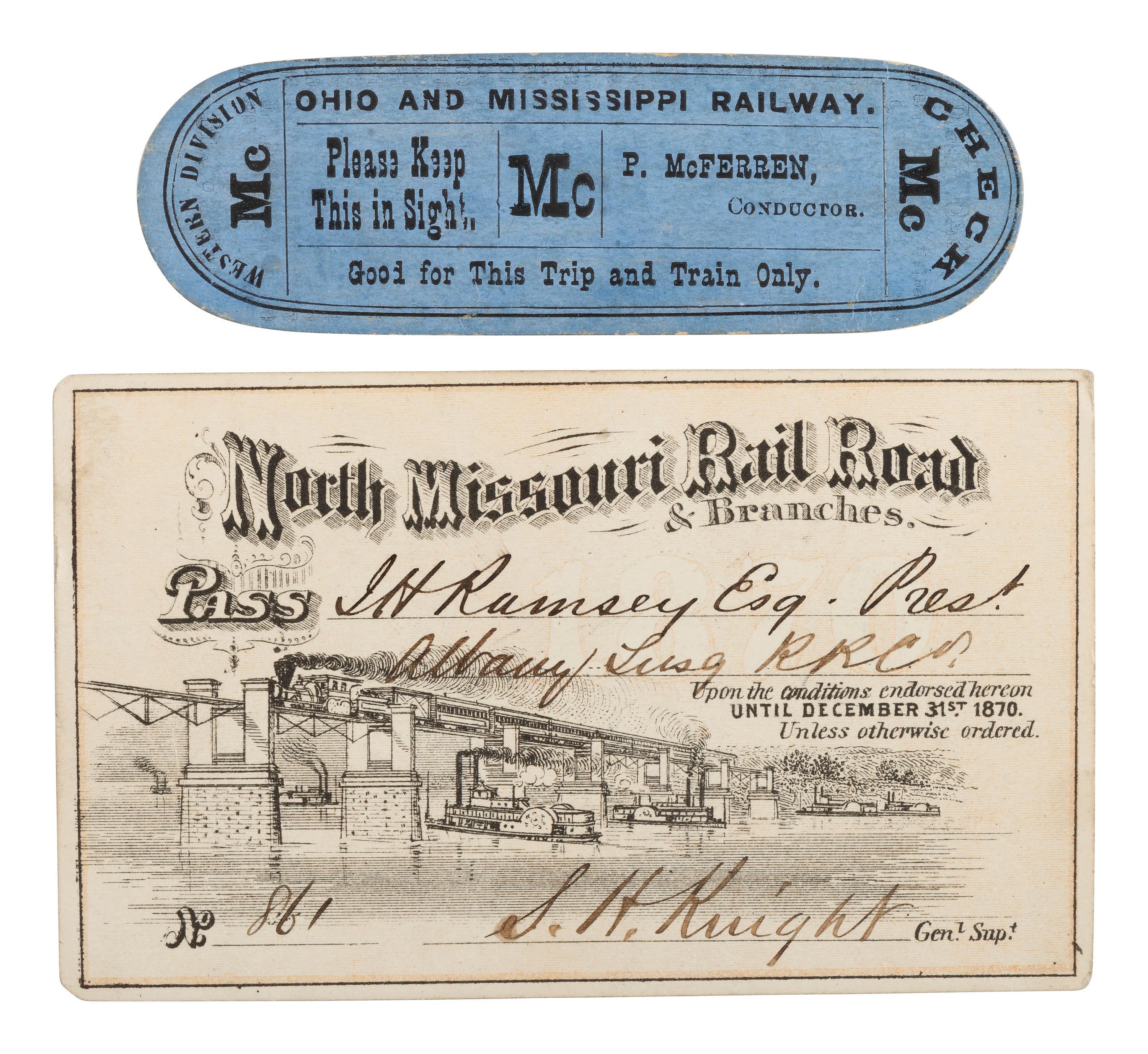 [RAILROAD]. 2 railroad passes for the North Missouri and Ohio & Mississippi Railroads.