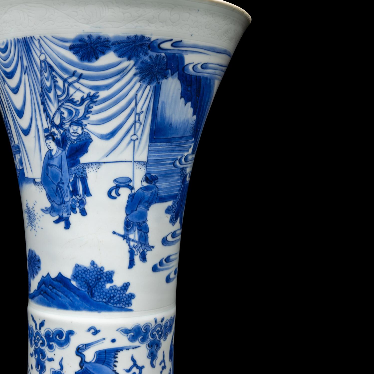 A Chinese Blue and White Porcelain 'Figure' Gu Vase, Transitional Period, 17th Century 明末清初 青花人物故事圖觚
