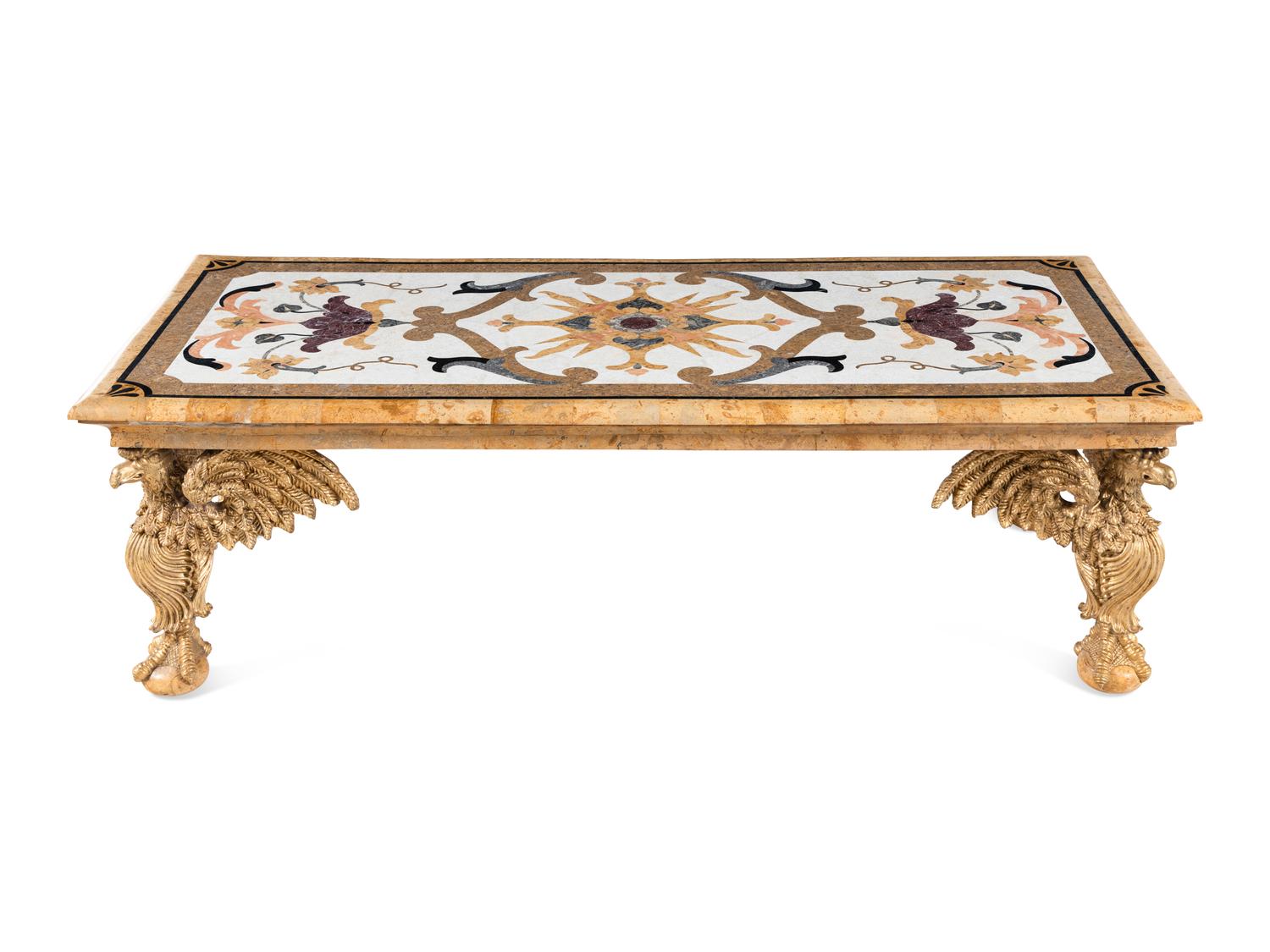 A Continental Giltwood and Inlaid Marble-Top Low Table