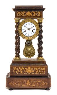 A Napoleon III Marquetry Portico Clock on Stand Height 16 1/2 inches. — 19TH CENTURY