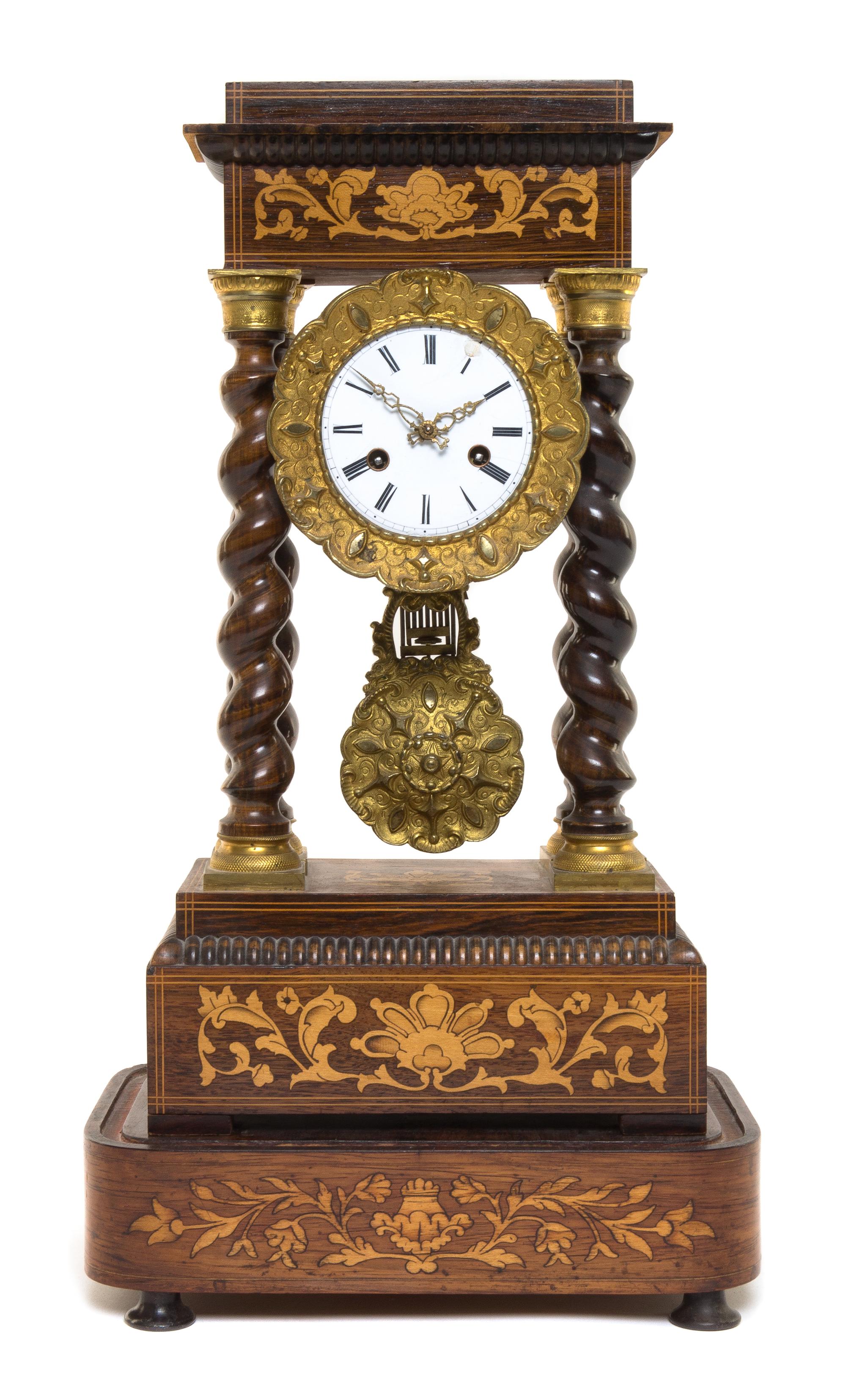 A Napoleon III Marquetry Portico Clock on Stand Height 16 1/2 inches. — 19TH CENTURY