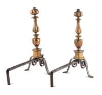 A Pair of Continental Brass and Steel Andirons