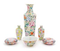 Six Famille Rose 'Millefleur' Porcelain Articles Height of tallest 12 inches. — LATE 19TH/20TH CENTURY