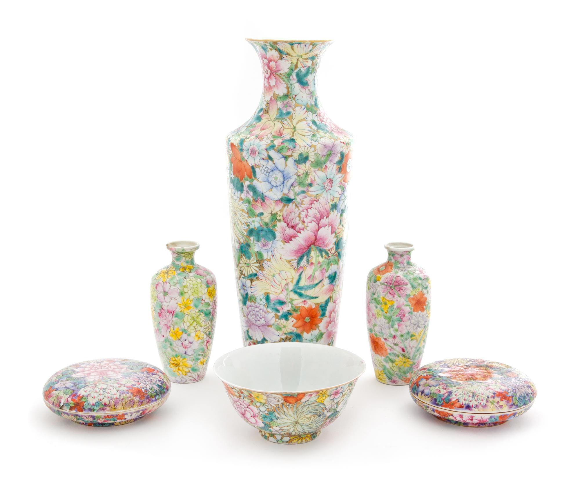 Six Famille Rose 'Millefleur' Porcelain Articles Height of tallest 12 inches. — LATE 19TH/20TH CENTURY