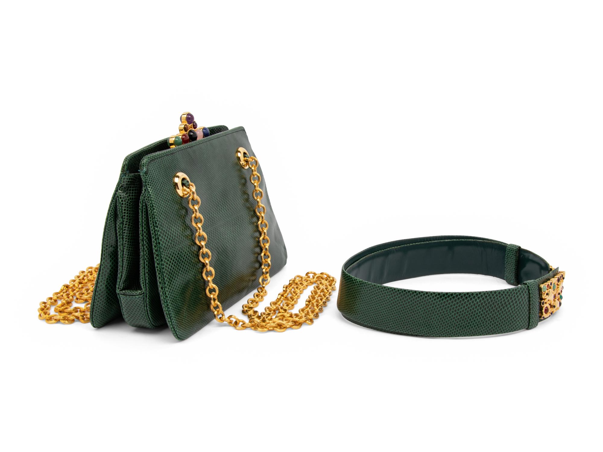 Judith Leiber Green Snakeskin Bag and Belt, 1980-90s
