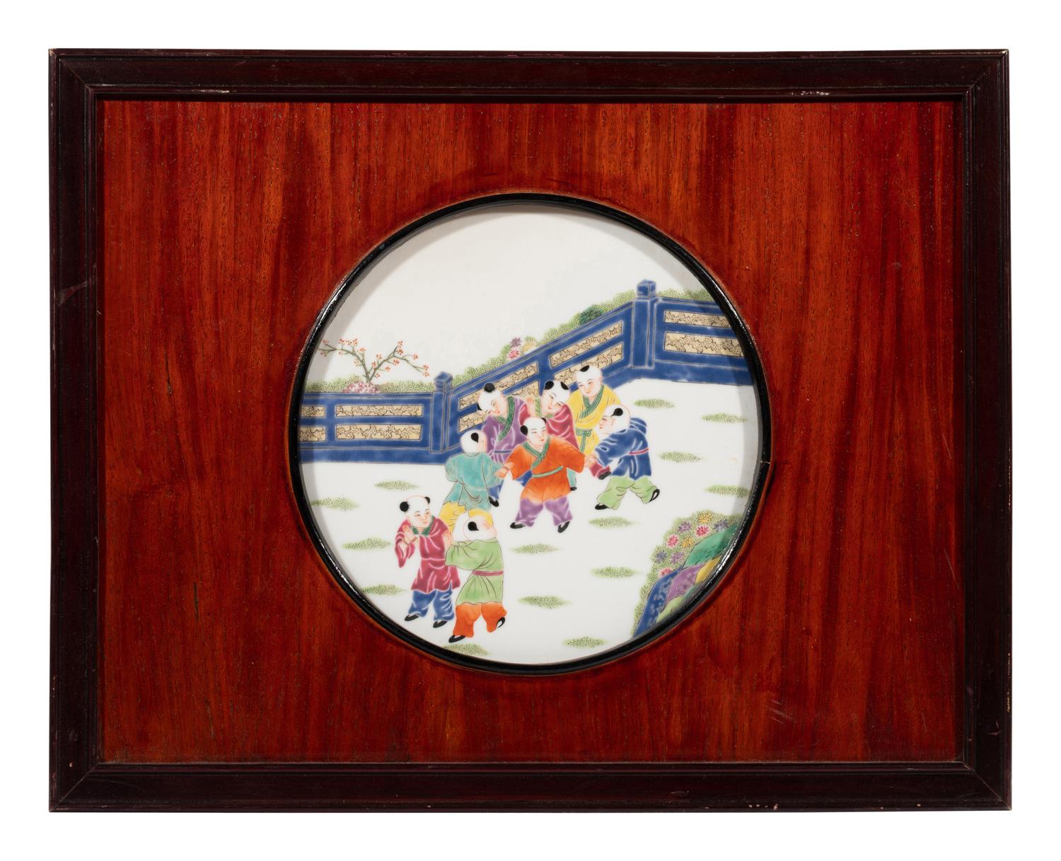 A Set of Four Chinese Famille Rose Porcelain Inset Hardwood Hanging Screens