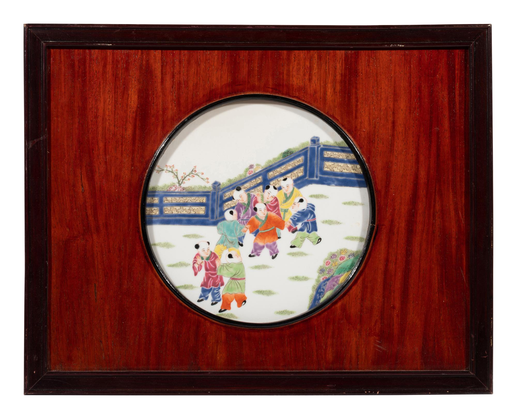 A Set of Four Chinese Famille Rose Porcelain Inset Hardwood Hanging Screens