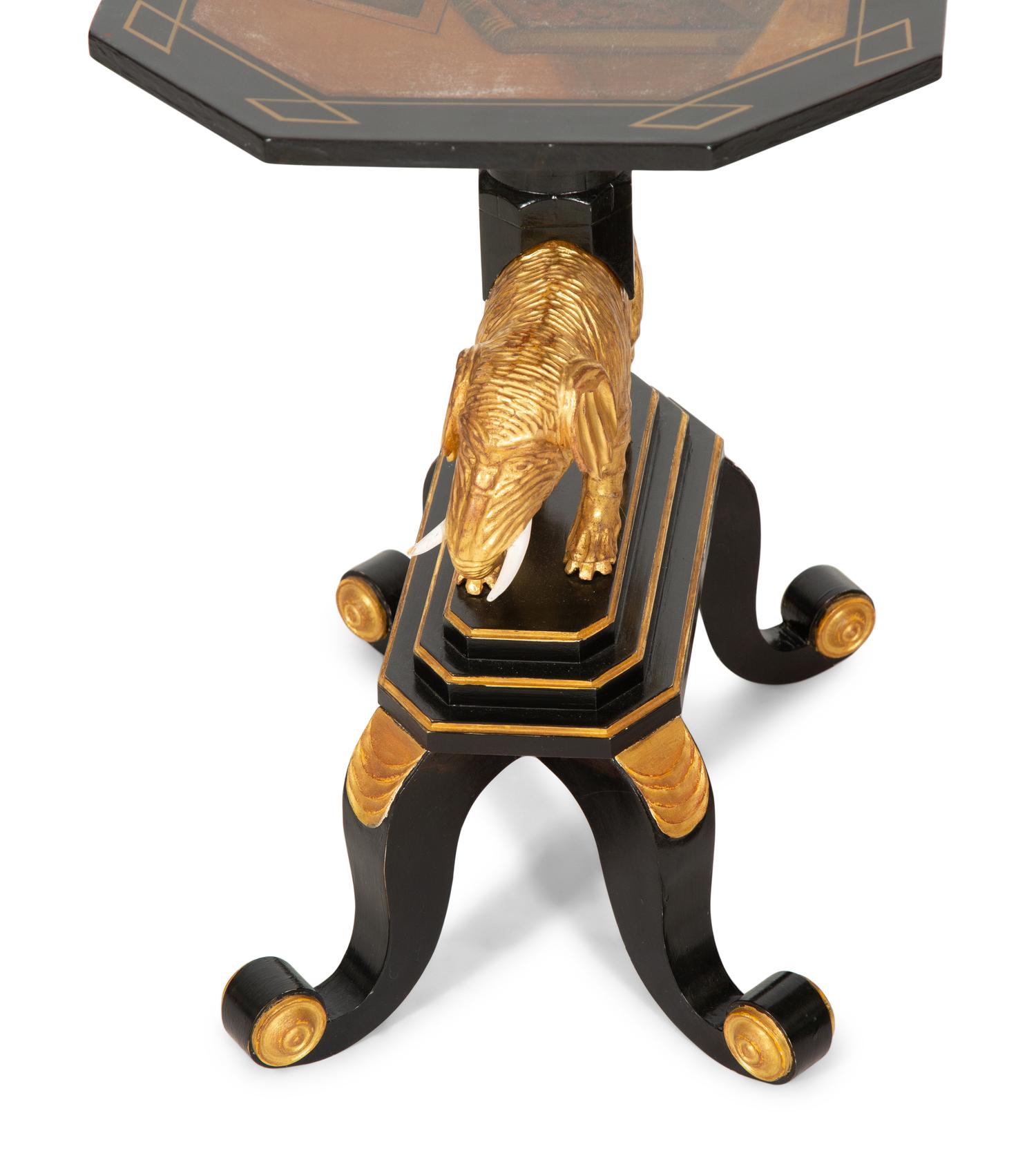 A Pair of Painted and Parcel Gilt Ebonized Side Tables