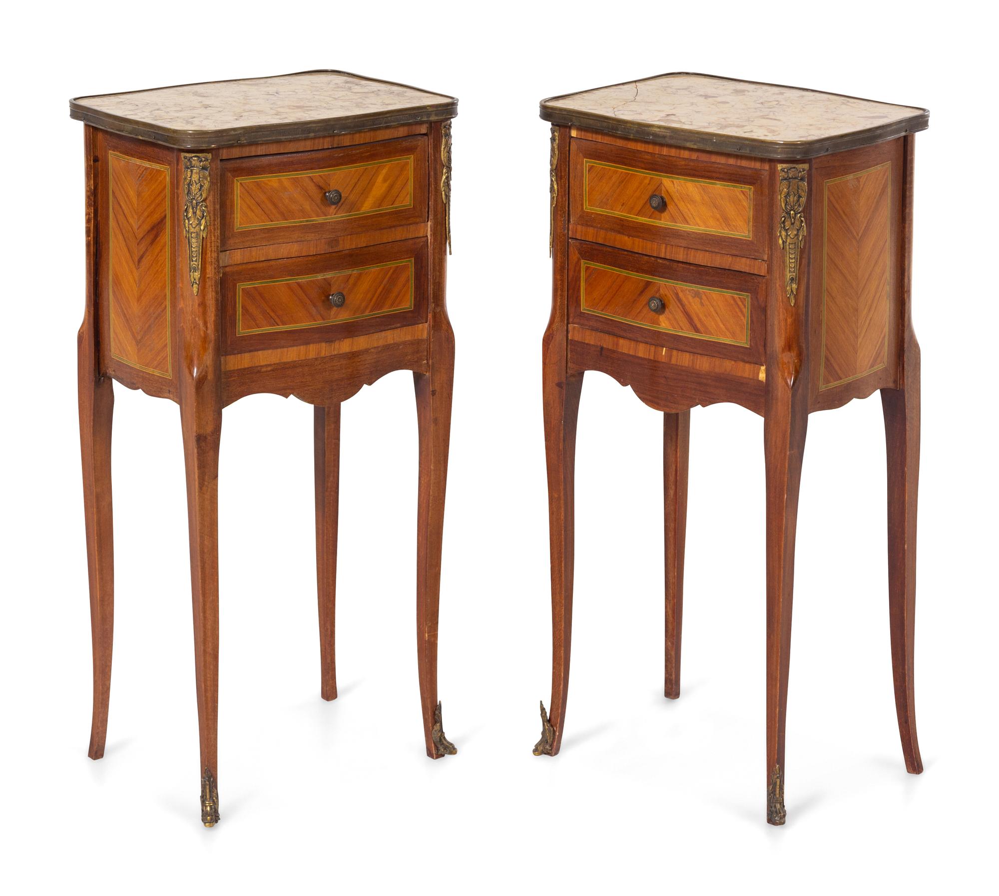 A Pair of Louis XV/XVI Transitional Style Gilt Bronze Mounted Side Tables