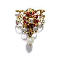ANTIQUE, RENAISSANCE STYLE, DIAMOND AND PEARL BROOCH