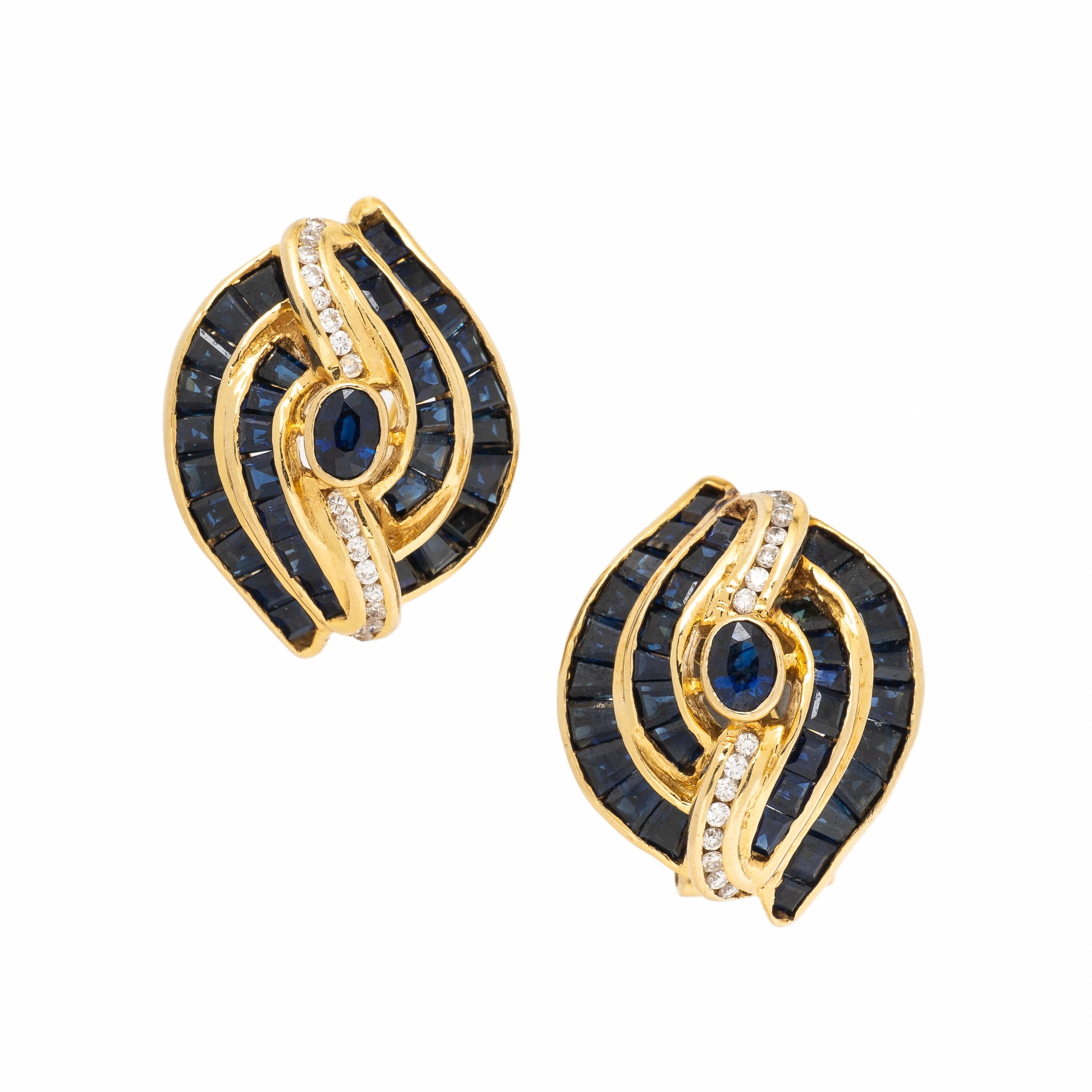 Sapphire, Diamond, and Yellow Gold Earrings